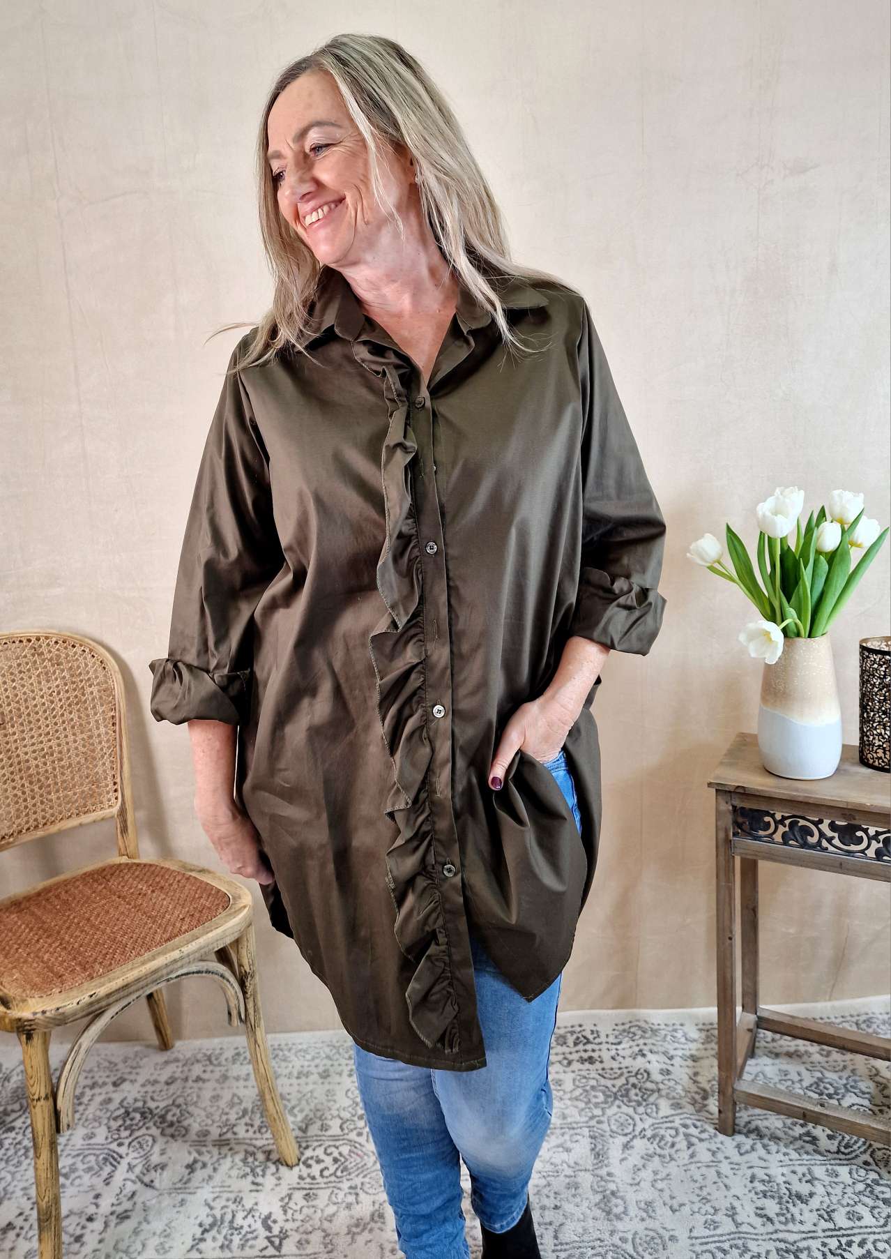 BASIC BLUSEJAMIE LONG KHAKI 34-42 Made in Italy Oversize Shirt Hemd LANG Blusenkleid BASIC BLUSEJAMIE LONG KHAKI 34-42 Made in Italy Oversize Shirt Hemd LANG Blusenkleid