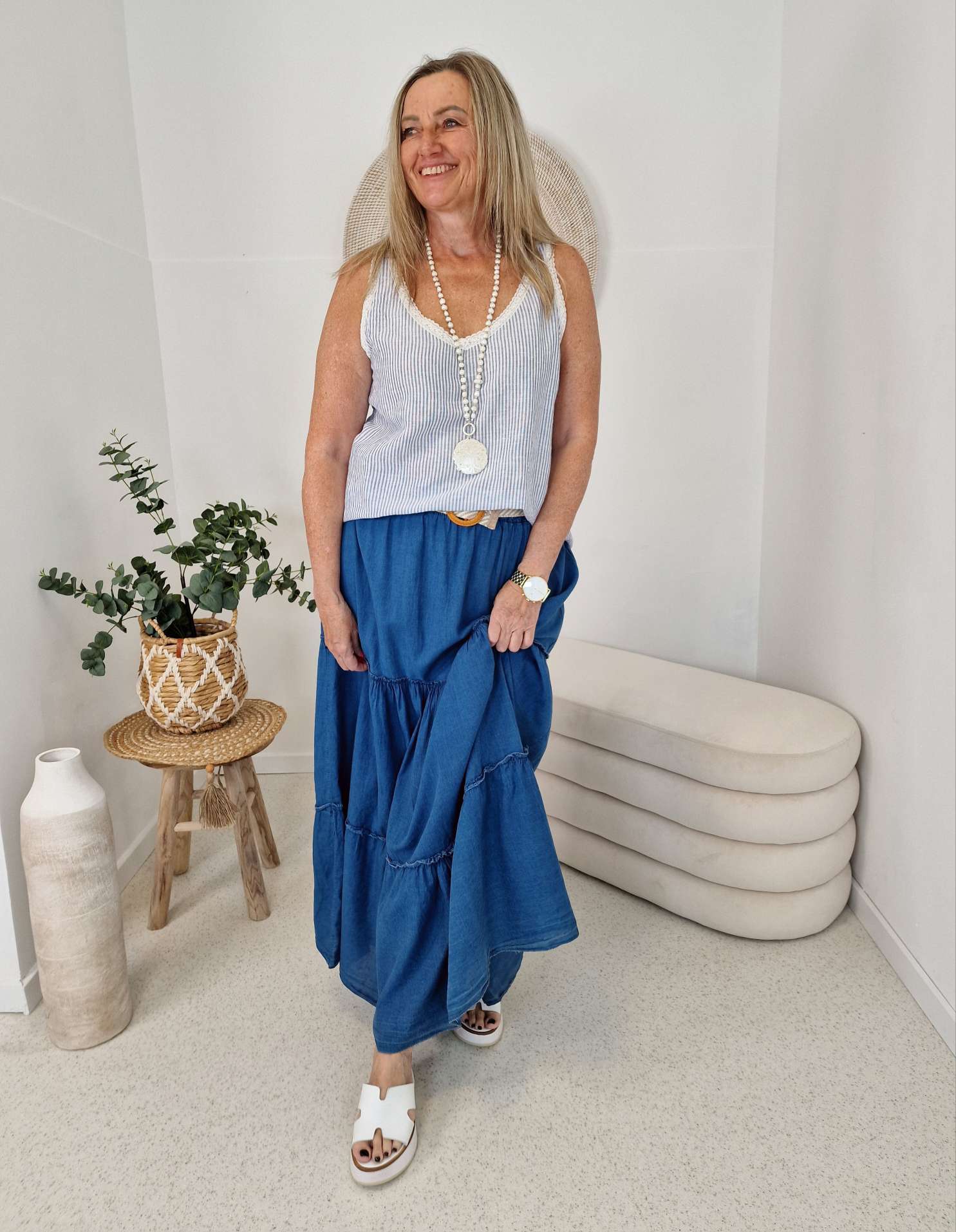 LINEN TOP MICHELLE STRIPES BLAU 34-42 Made in Italy Kurzarm Leinen Basic Shirt LINEN TOP MICHELLE STRIPES BLAU 34-42 Made in Italy Kurzarm Leinen Basic Shirt