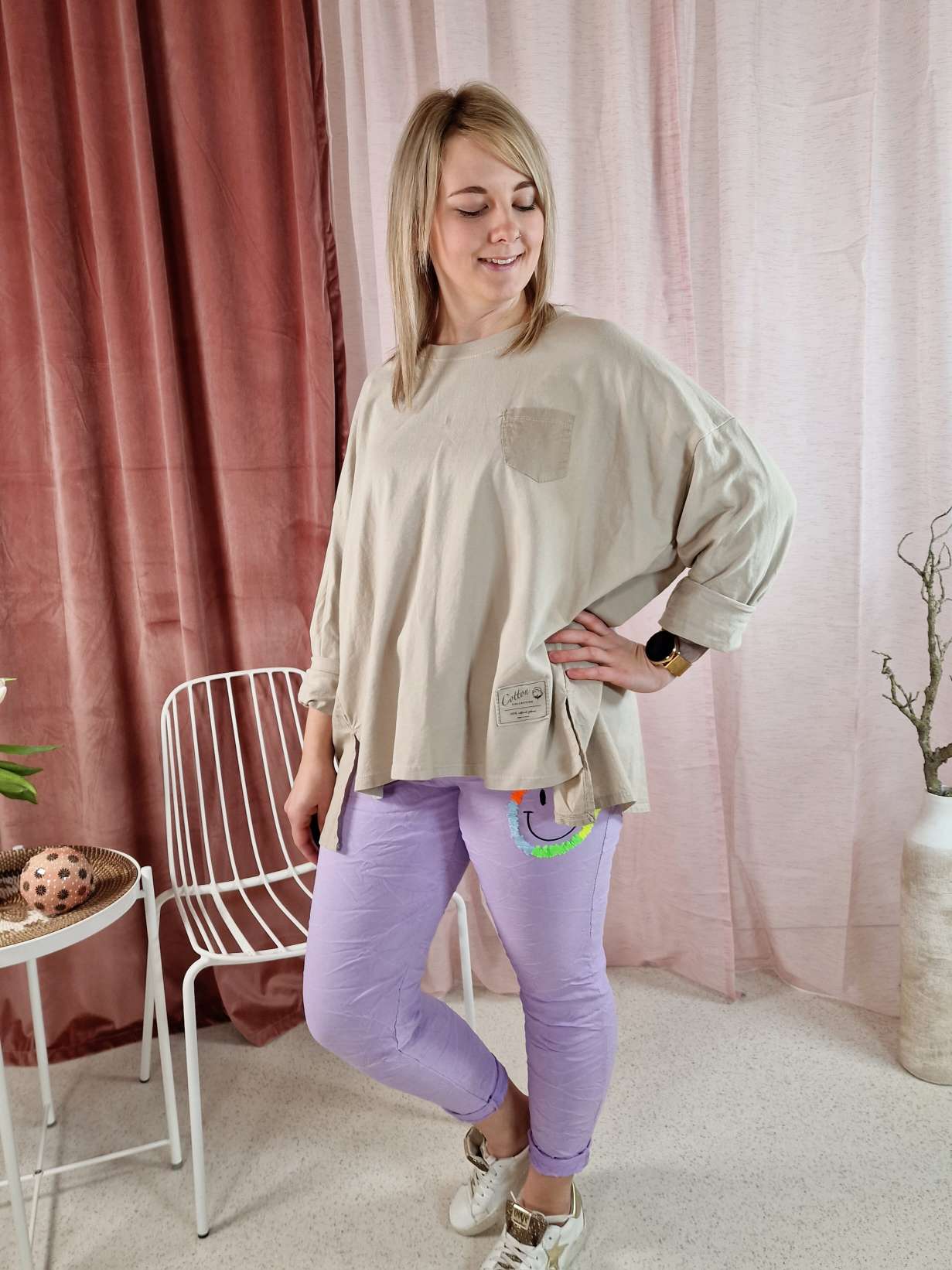 BASIC LONGSLEEVE SHIRT LILIANE BEIGE 34-42 Made in Italy Langarm Pullover Vokuhila