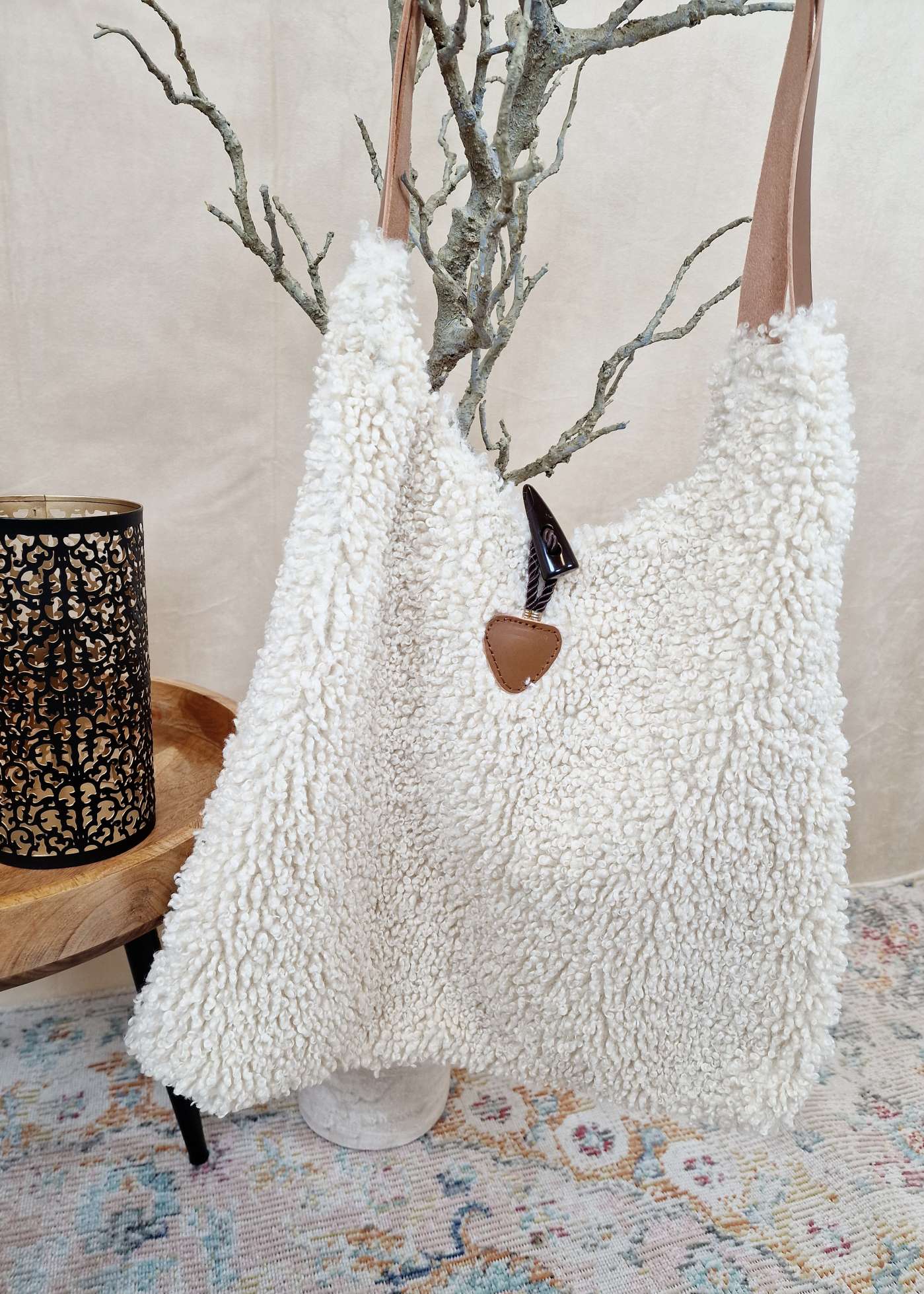 TEDDY FELL SHOPPER LIZZY CREME flauschige Shopping Bag Tasche mit Leder-Henkel Made in Italy TEDDY FELL SHOPPER LIZZY CREME flauschige Shopping Bag Tasche mit Leder-Henkel Made in Italy