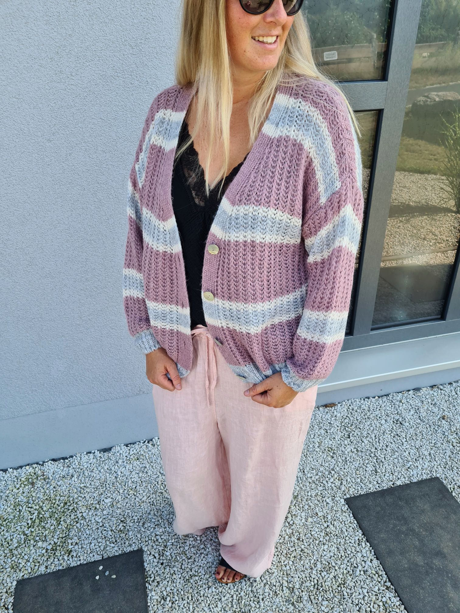 SHORT KNIT CARDIGAN MYKONOS STRIPES BUTTONS ROSA GRAU kurze Strick Jacke Made in Italy Knöpfe Streifen 34-42 SHORT KNIT CARDIGAN MYKONOS STRIPES BUTTONS ROSA GRAU kurze Strick Jacke Made in Italy Knöpfe Streifen 34-42