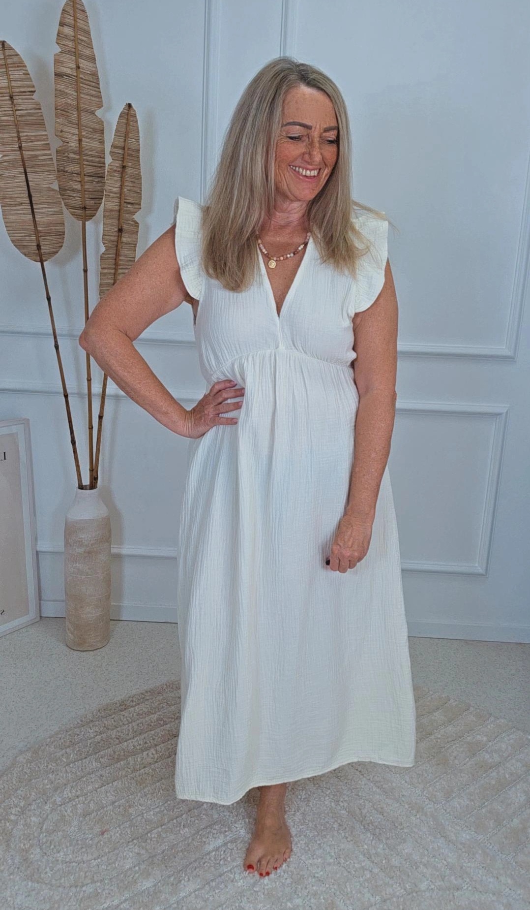 MUSSELIN KlEID ZOE BIANCO MIA 34 - 42 Made in Italy ärmellos Rüsche 