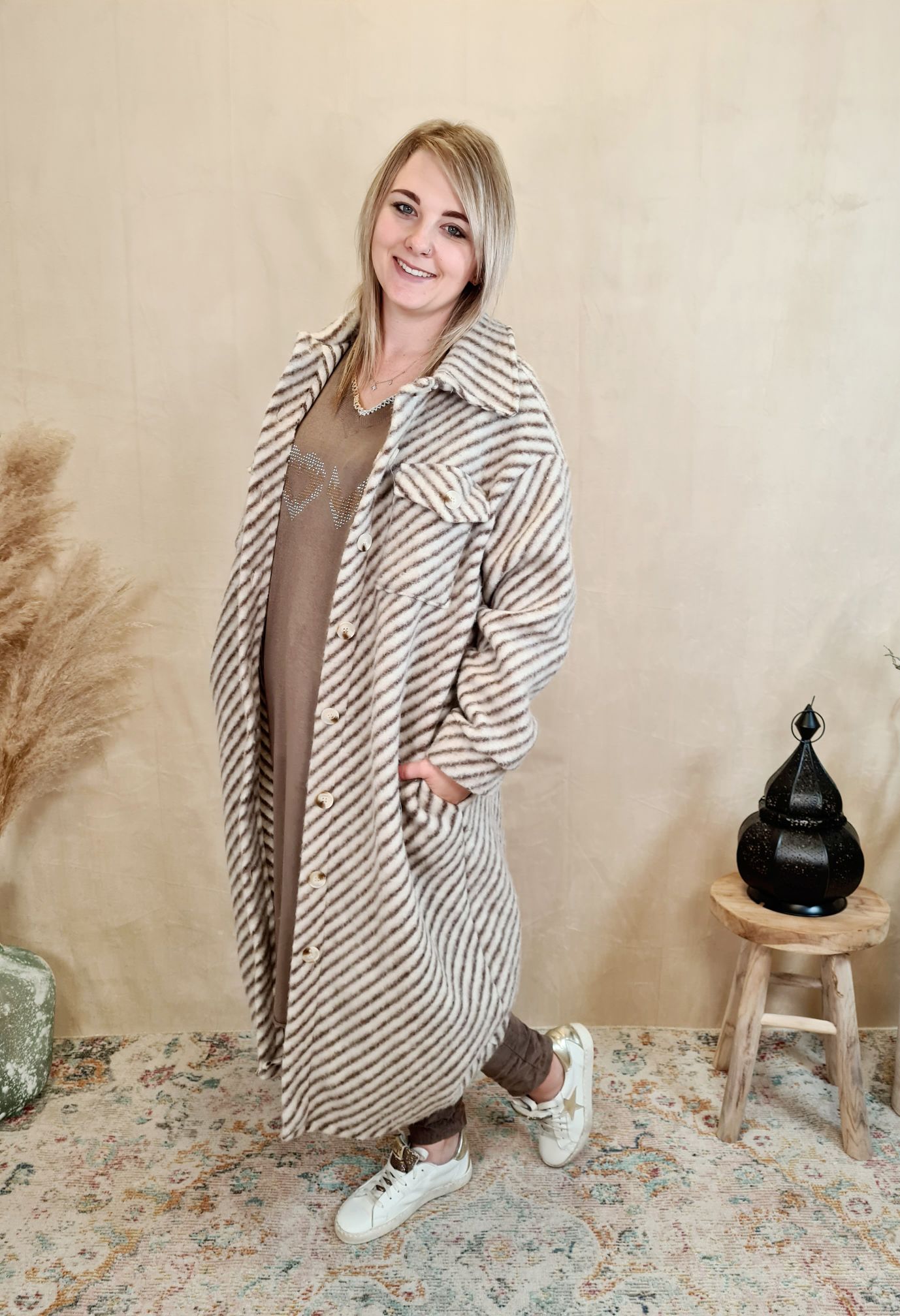 WOLL MANTEL PIA STRIPES BRAUN 36-42 Made in Italy Winter Jacke Fleece Mantel COAT WOLL MANTEL PIA STRIPES BRAUN 36-42 Made in Italy Winter Jacke Fleece Mantel COAT