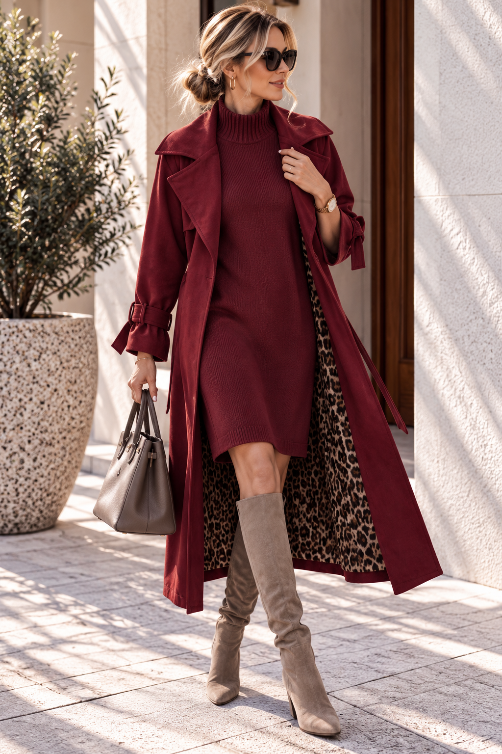Tansania – Trenchcoat Mantel in Velourleder-Optik mit Leo-Futter | Made in Italy