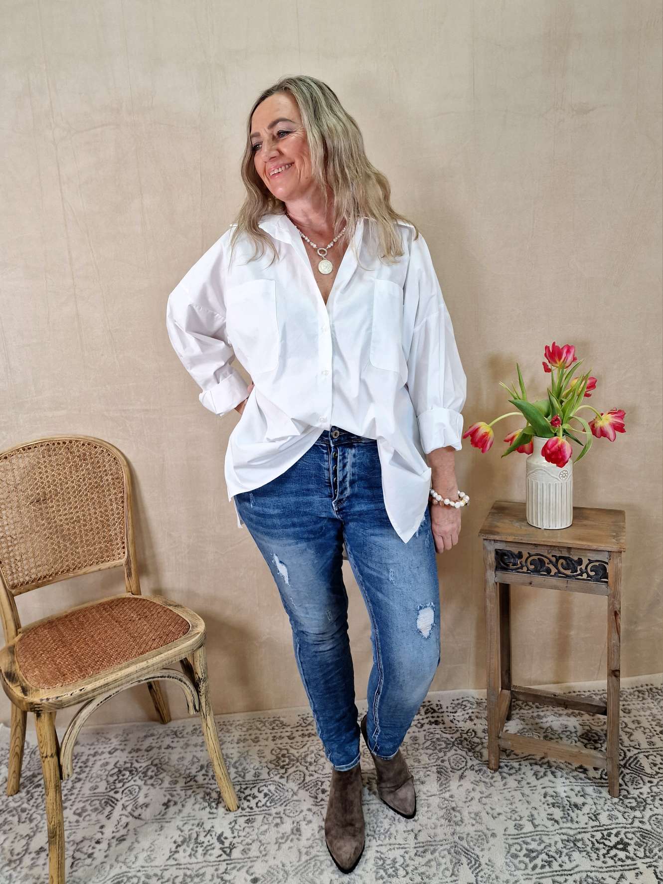 OVERSIZE BLUSE KARINA WEISS 34-42/44 Made in Italy Longbluse Kleid Damen Basic OVERSIZE BLUSE KARINA WEISS 34-42/44 Made in Italy Longbluse Kleid Damen Basic