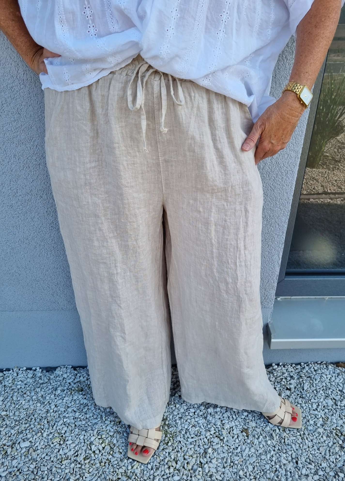 LINEN MARLENE PANT BRIGITTE BEIGE Pocket 34-42 Made in Italy weite Leinen Hose mit Taschen LINEN MARLENE PANT BRIGITTE BEIGE Pocket 34-42 Made in Italy weite Leinen Hose mit Taschen