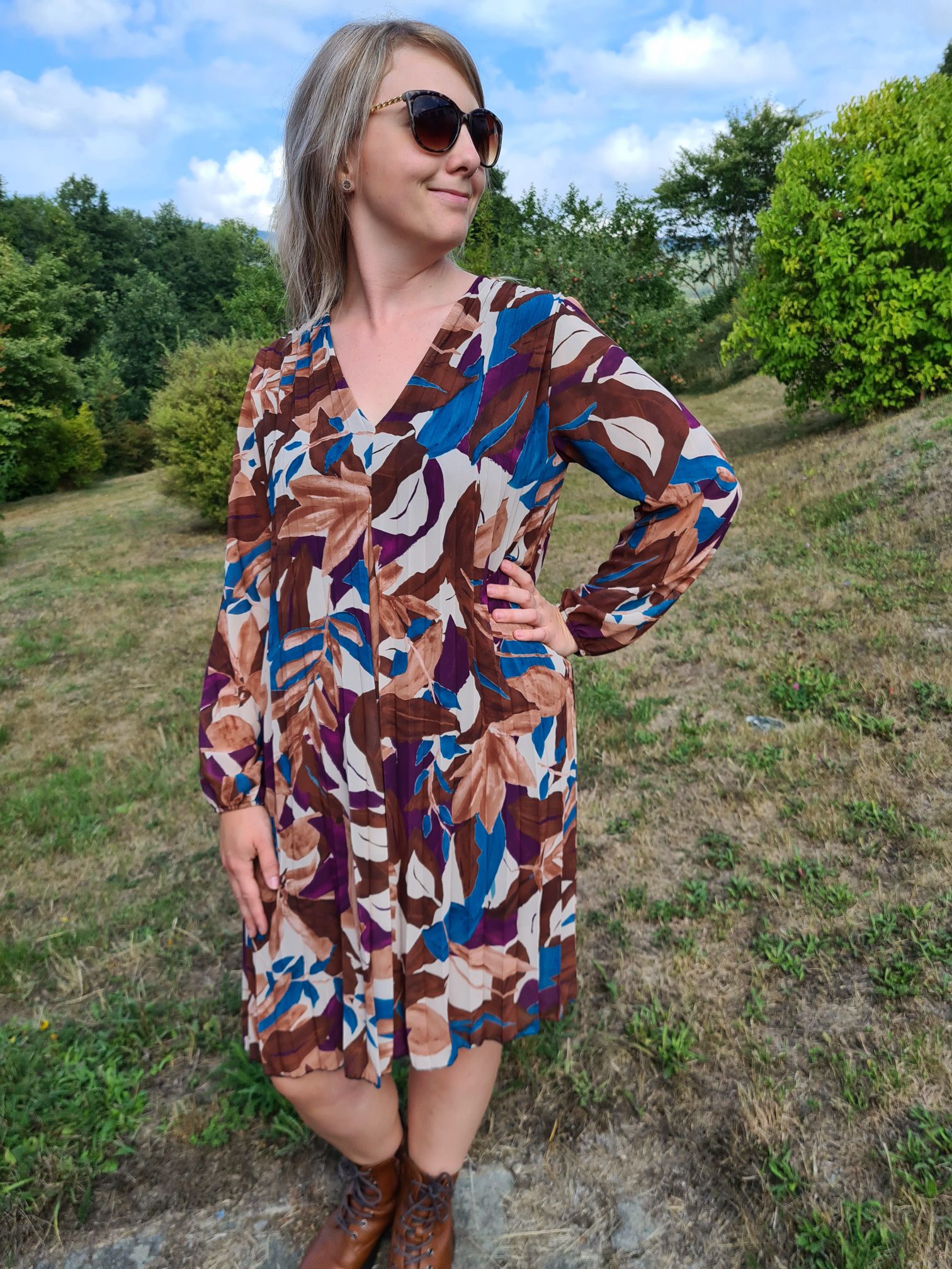 PLISSEE DRESS GINA LEAVES PETROL 36-42 Made in Italy Plissee Herbst Kleid PLISSEE DRESS GINA LEAVES PETROL 36-42 Made in Italy Plissee Herbst Kleid