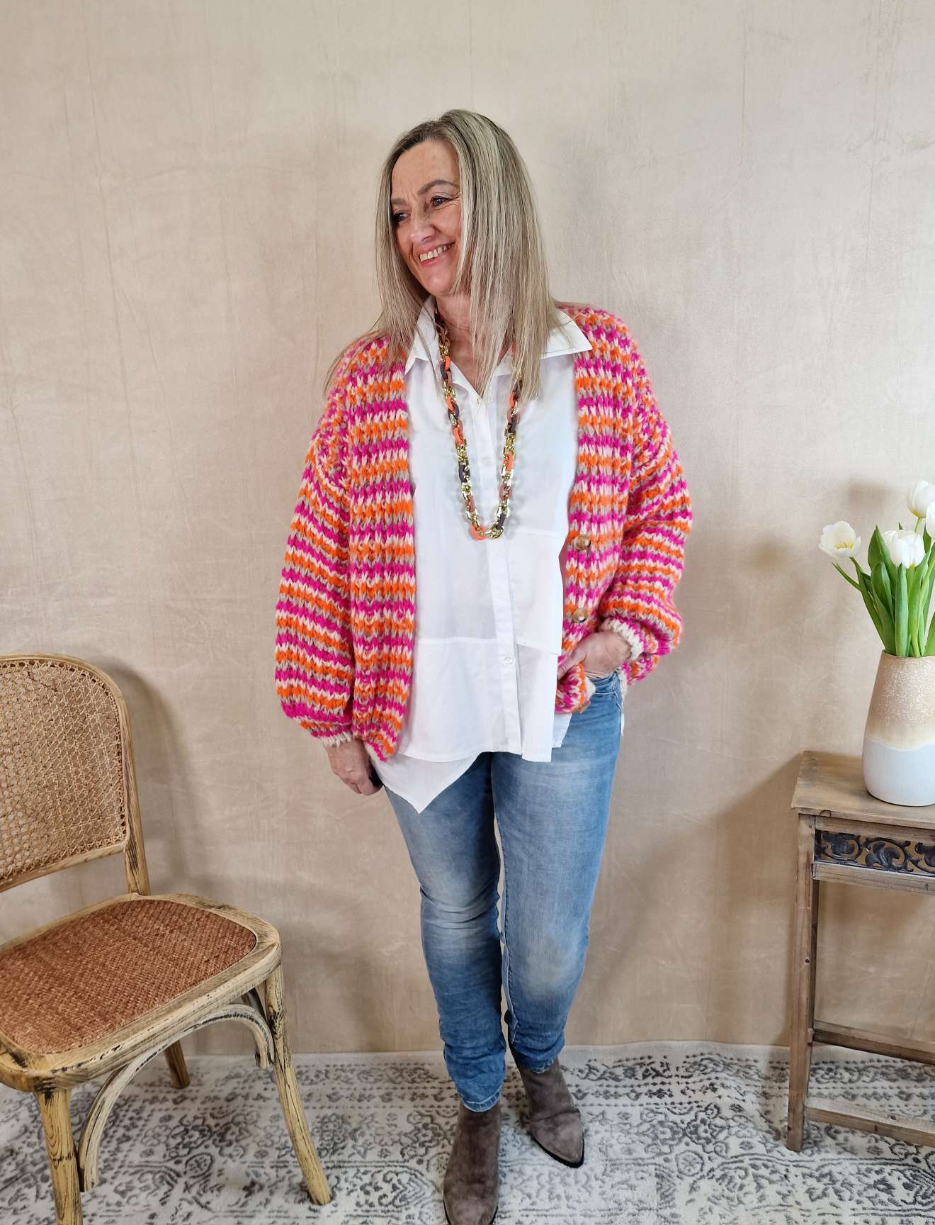 SHORT KNIT CARDIGAN DOMINO PINK ORANGE CREME kurze Strick Jacke Made in Italy 34-42 SHORT KNIT CARDIGAN DOMINO PINK ORANGE CREME kurze Strick Jacke Made in Italy 34-42