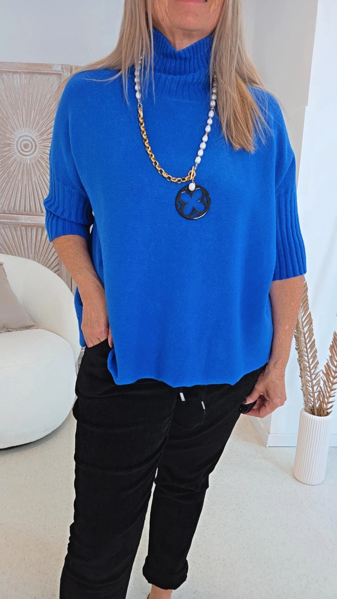 WEICHES STRICKSHIRT VERENA PULLOVER mit Stehkragen, Halbarm/Kurzarm 34-44 Made in Italy