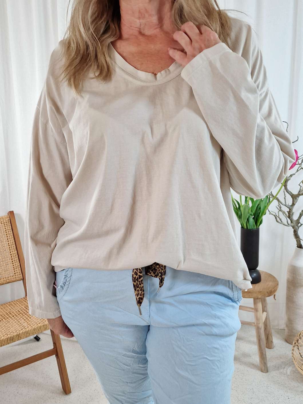 BASIC LONGSLEEVE SHIRT VERONIKA BEIGE 34-42 Made in Italy Langarm Pullover Vokuhila 