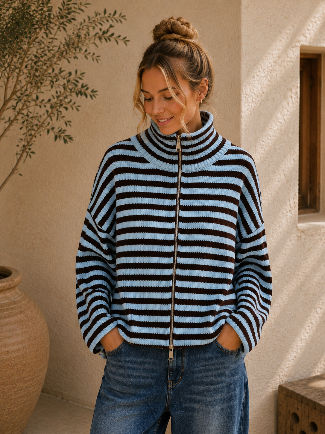 Strickjacke Celia – Streifenlook mit 2-Wege-Reißverschluss Made in Italy 34-40/42 Cardigan