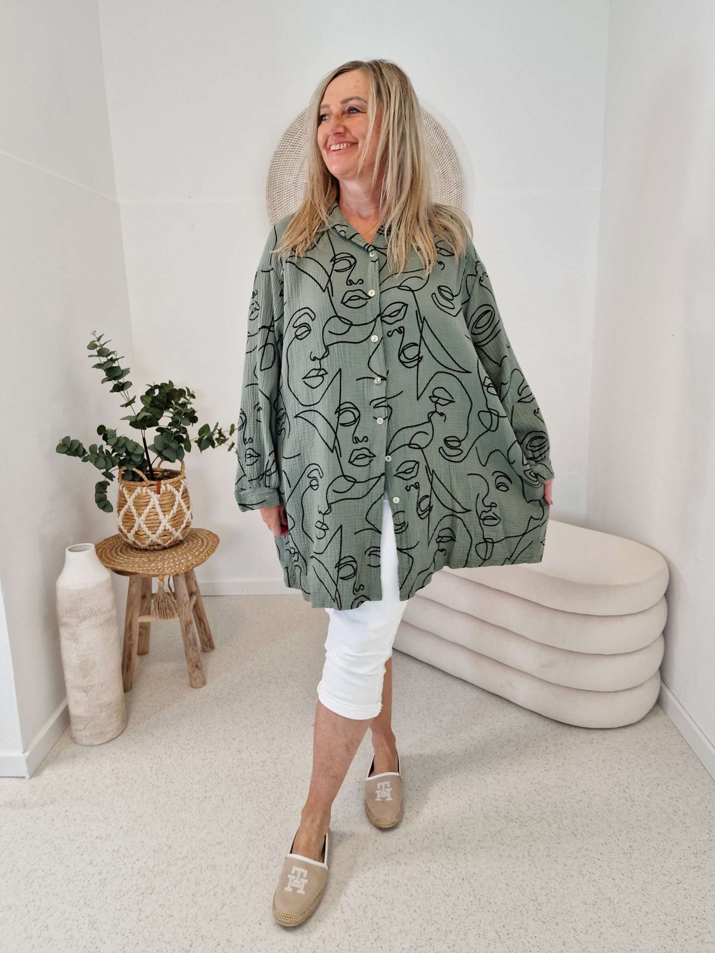 MUSSELIN BLUSE FACE KHAKI Hemd Oversize 34-44/46 Long Shirt Cotton Gaze  