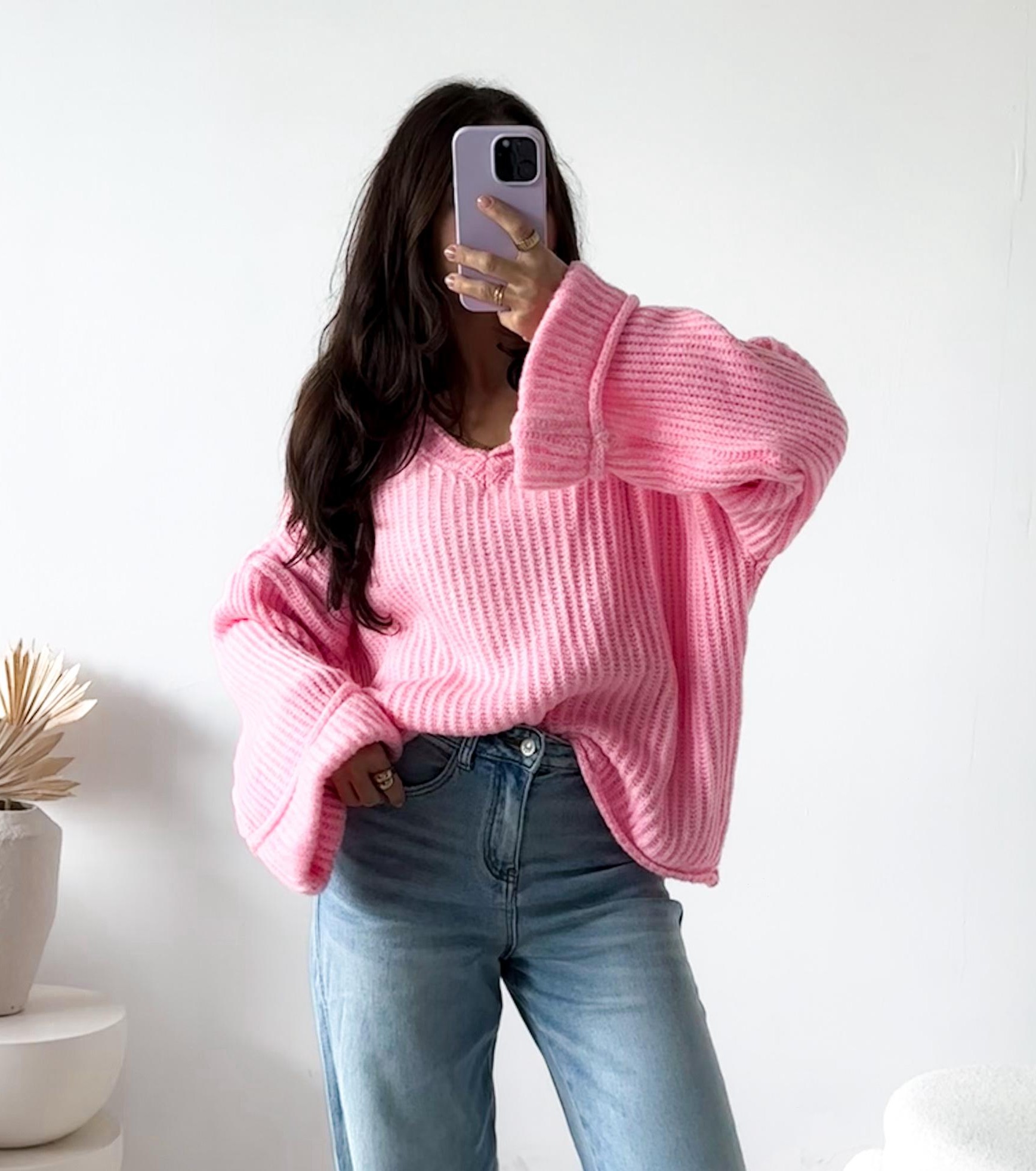 KURZER STRICK PULLOVER IRIS mit Trompetenärmeln 34-44 Made in Italy V-Ausschnitt / Grobstrick