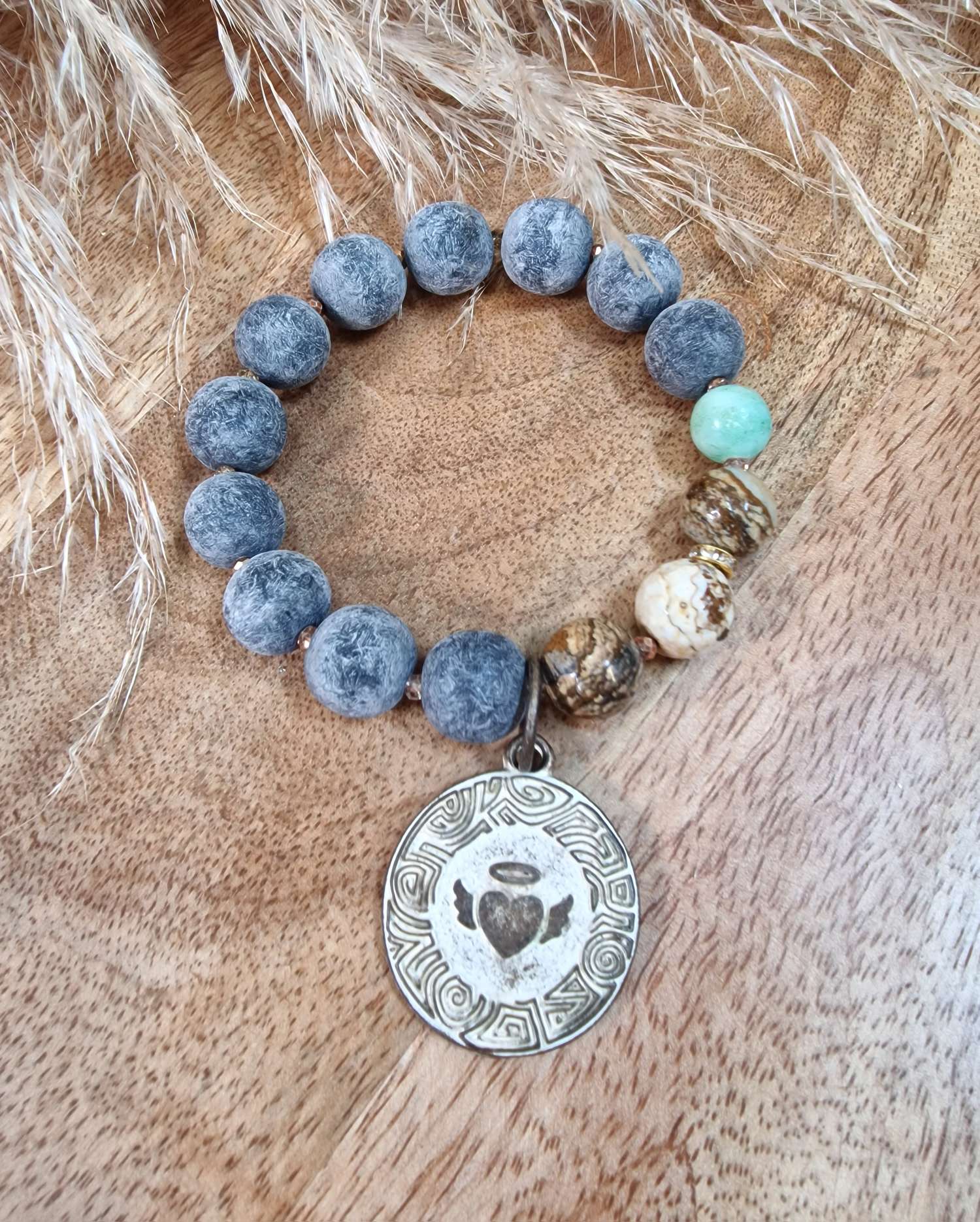 BRACELET EDELSTEIN LAVA ANGEL Armband  Mondstein Landschaftsjaspis Perle 