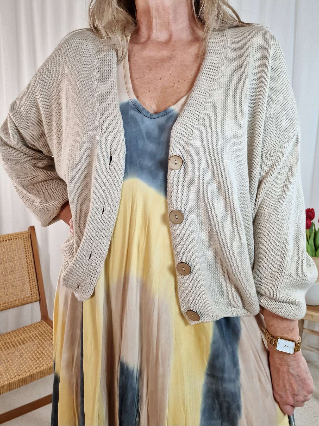 SHORT KNIT CARDIGAN MINKA BEIGE 34-42 Made in Italy kurze Strick Jacke Knöpfe