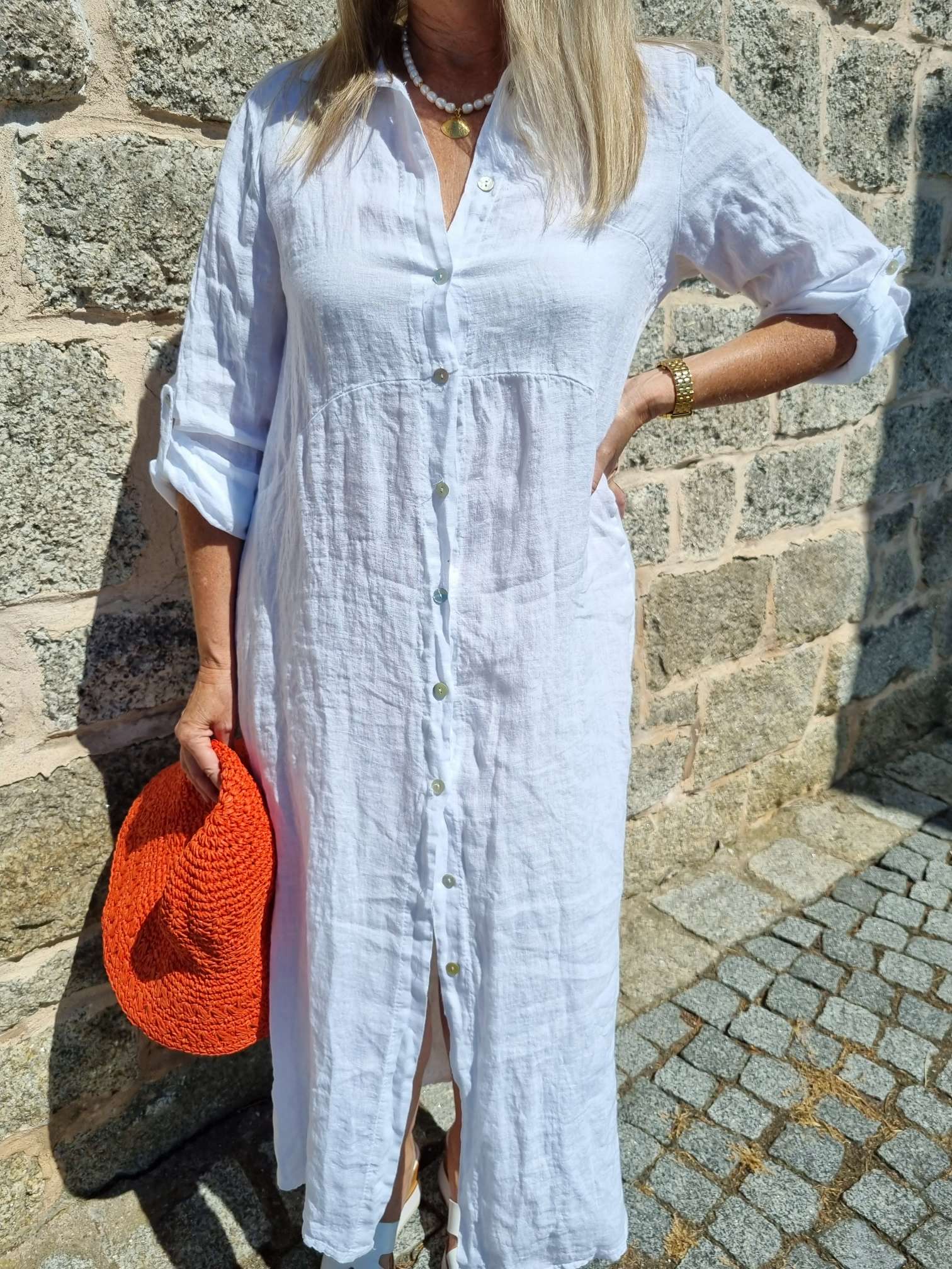 LINEN DESS WANDA 2 WEISS 34-40 Made in Italy Leinen Kleid Long Bluse Mantel LINEN DESS WANDA 2 WEISS 34-40 Made in Italy Leinen Kleid Long Bluse Mantel