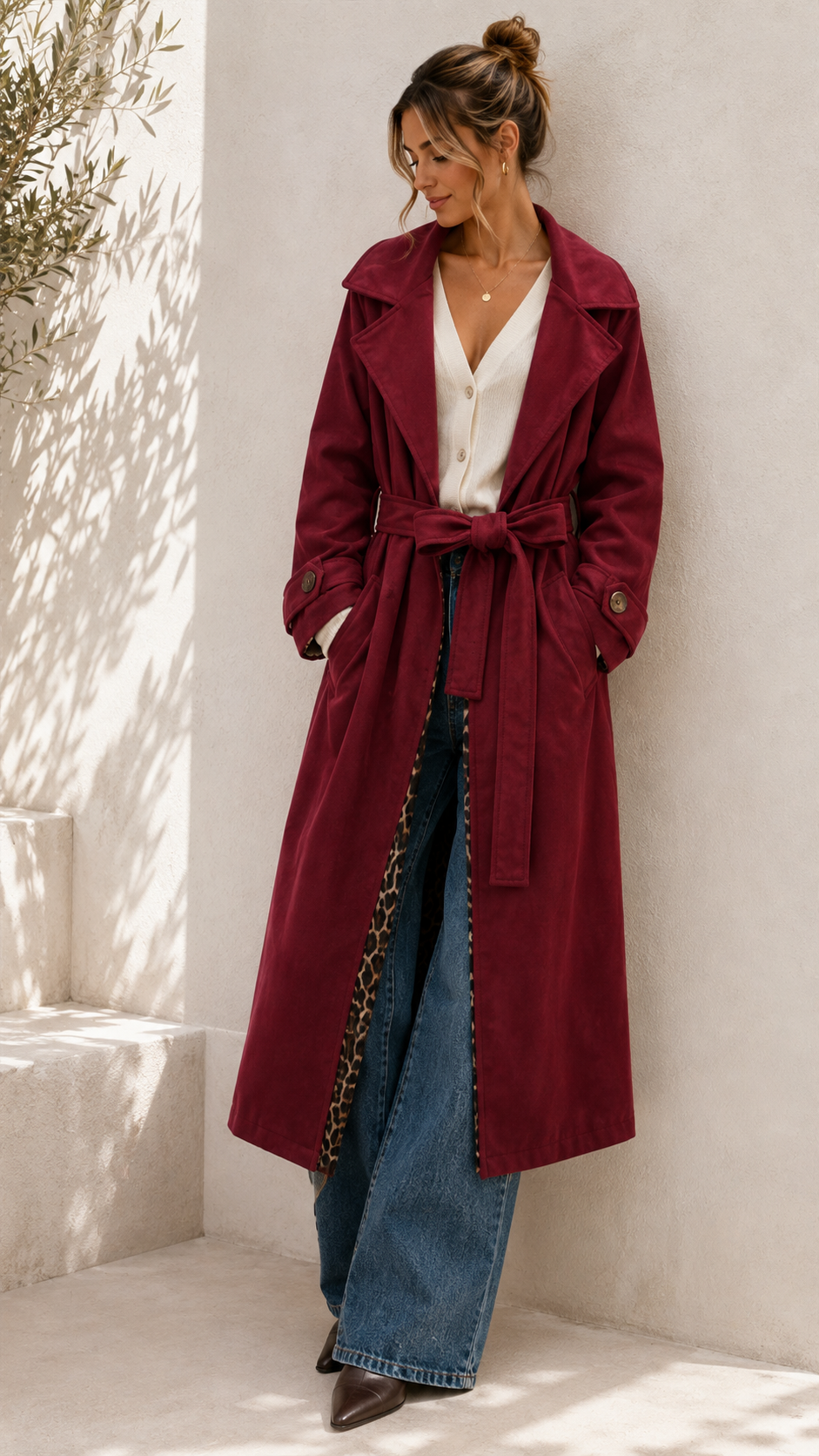 Tansania – Trenchcoat Mantel in Velourleder-Optik mit Leo-Futter | Made in Italy