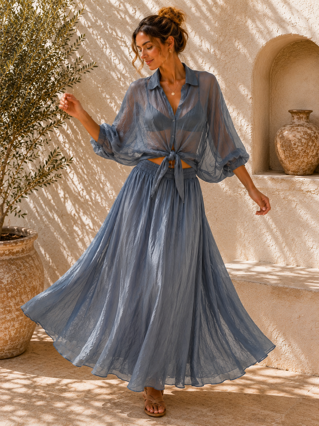Exklusive Seidenbluse Nerea Uni leicht transparent zum Binden 34-42/44
