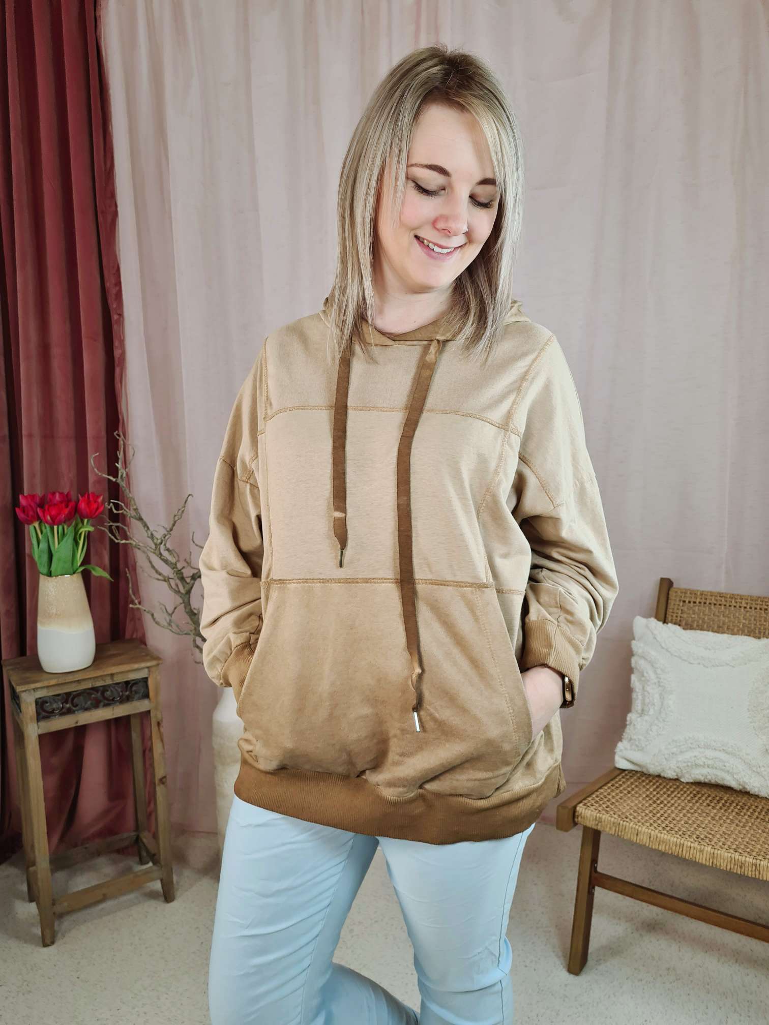 BASIC HOODIE MANUELA CAMEL 34-42 Made in Italy Sweater Kapuze Oversize Pullover