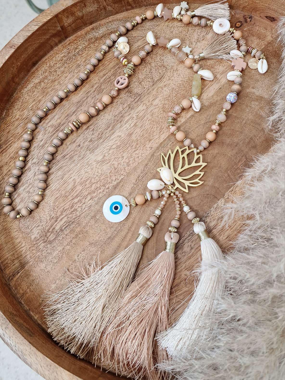 LANGE PERLENKETTE LOTUS NUDE Italy Design Goldfarbig Necklace Halskette BOHO Bohemian
