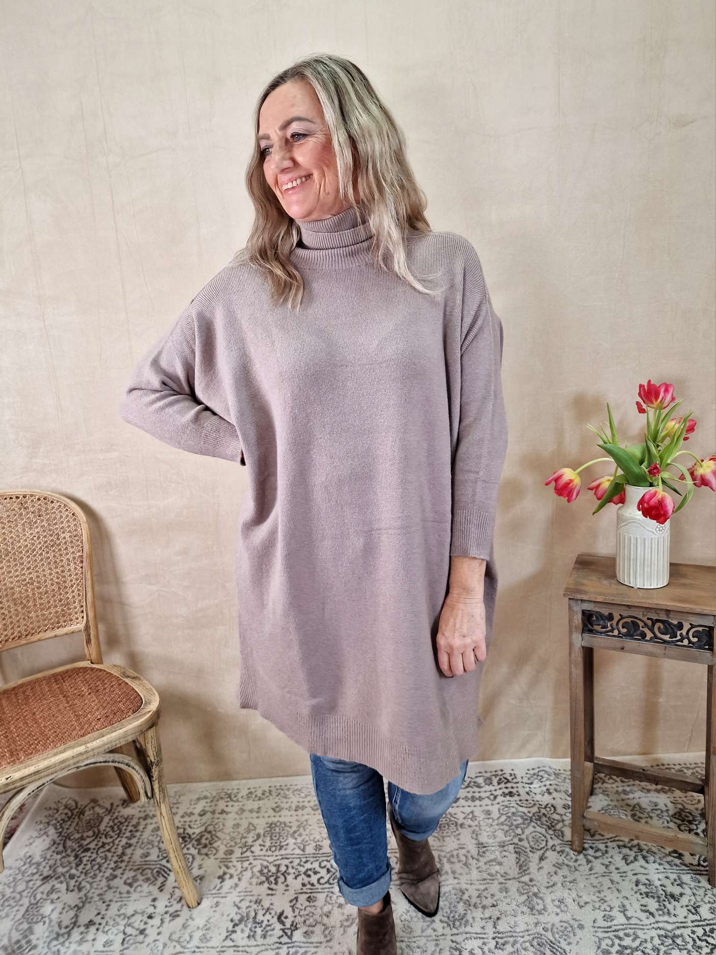 LIGHT KNIT DRESS EMILIA TAUPE 34-42 Made in Italy Strick Kleid Long Pullover LIGHT KNIT DRESS EMILIA TAUPE 34-42 Made in Italy Strick Kleid Long Pullover