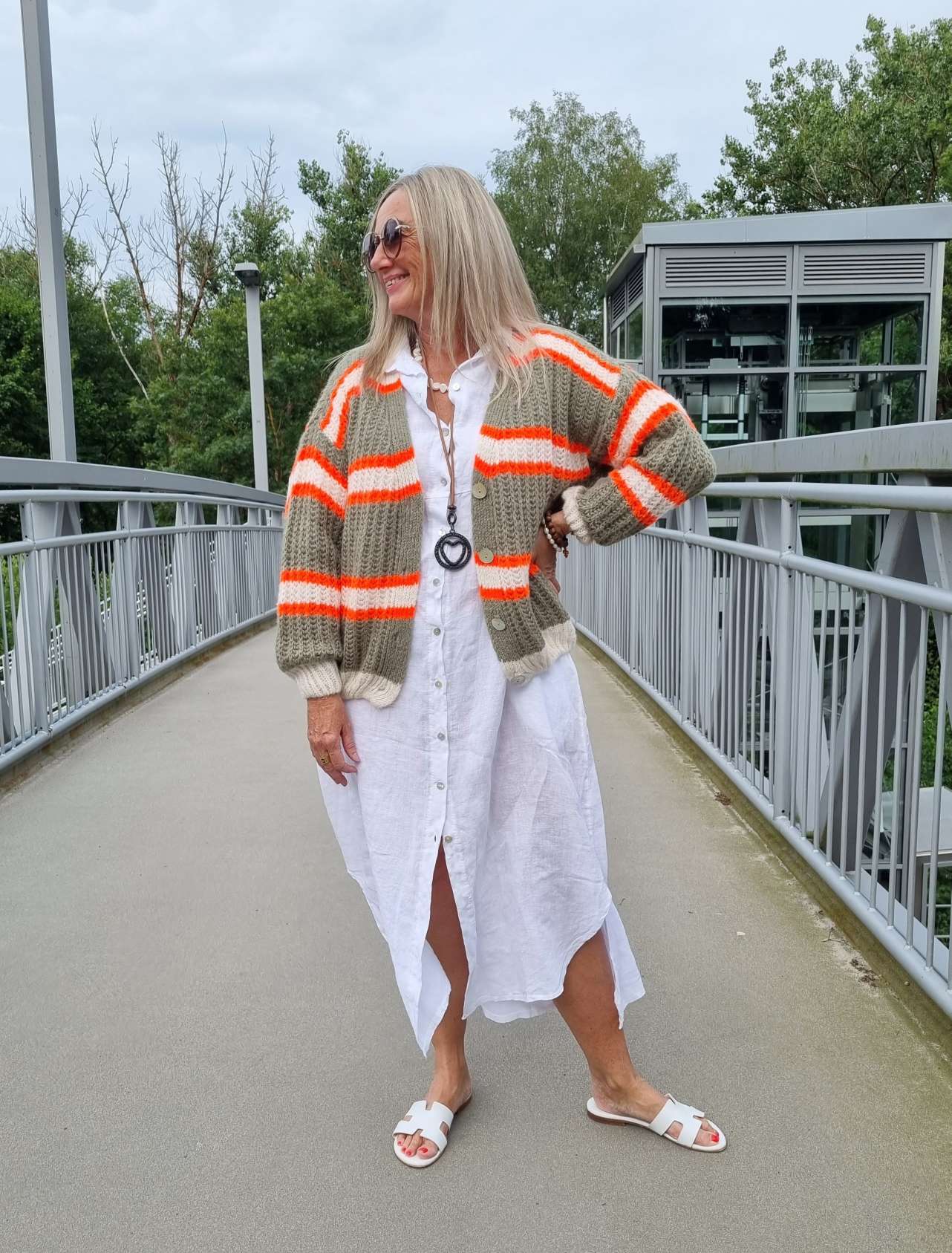 SHORT KNIT CARDIGAN MYKONOS STRIPES BUTTONS KHAKI ORANGE CREME kurze Strick Jacke Made in Italy Streifen Knöpfe 34-42 SHORT KNIT CARDIGAN MYKONOS STRIPES BUTTONS KHAKI ORANGE CREME kurze Strick Jacke Made in Italy Streifen Knöpfe 34-42