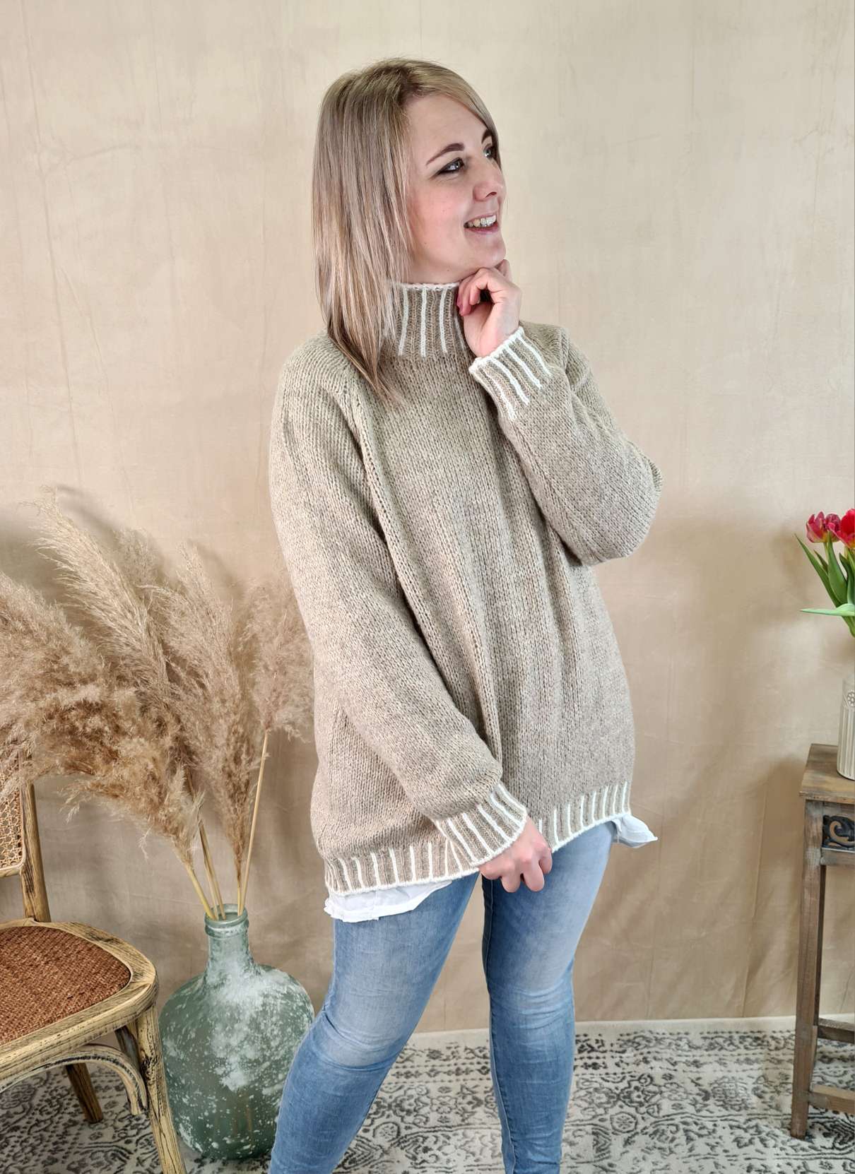 KNIT SWEATER ULRIKE TAUPE Made in Italy 34-42 Strick Pullover KNIT SWEATER ULRIKE TAUPE Made in Italy 34-42 Strick Pullover