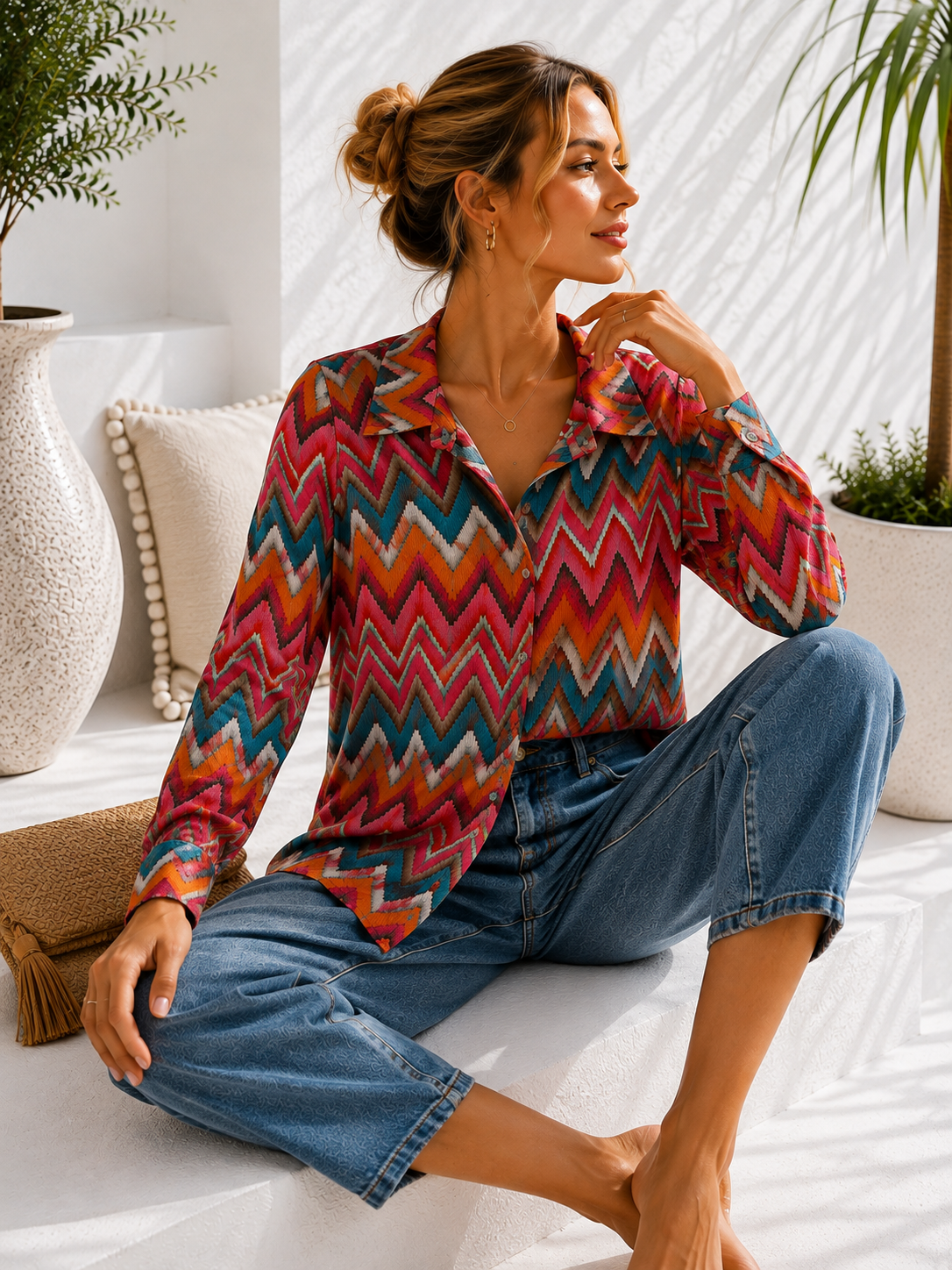 Bluse Esperanza – Edle Kofferbluse mit zickzack  Muster –  Made in Italy Gr 34-42
