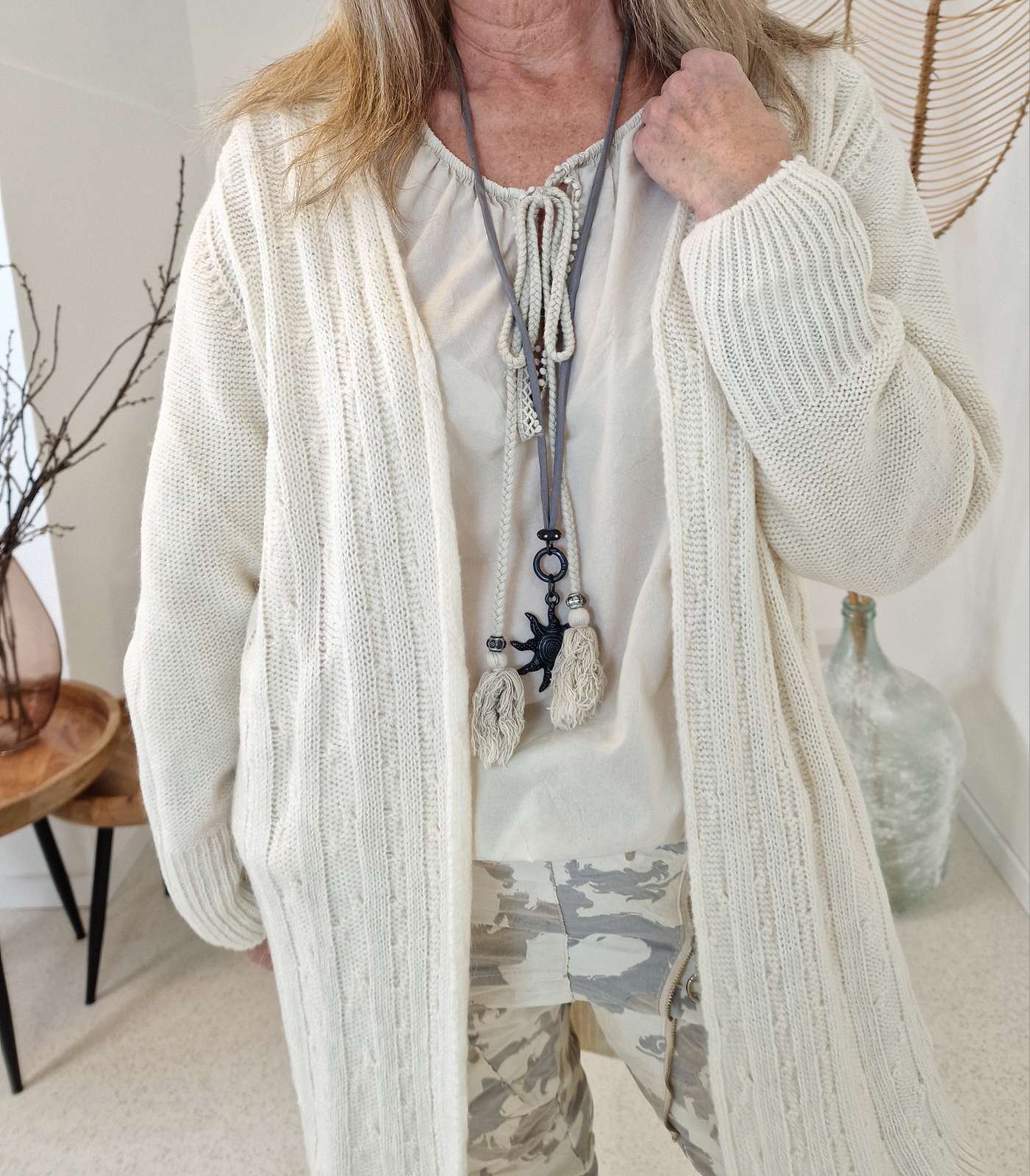 KNIT CARDIGAN ALINA CREME ZOPFMUSTER 34-42 Made in Italy  Strickjacke