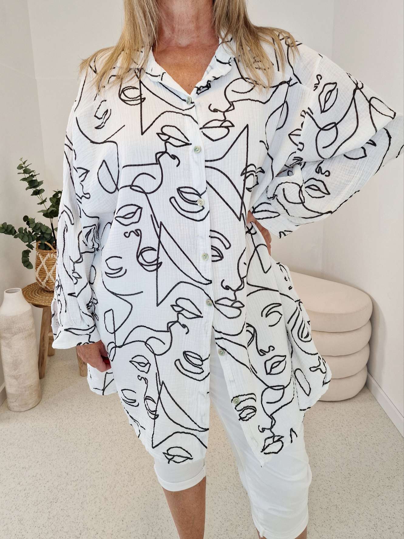 MUSSELIN BLUSE FACE WEISS Hemd Oversize 34-44/46 Long Shirt Cotton Gaze MUSSELIN BLUSE FACE WEISS Hemd Oversize 34-44/46 Long Shirt Cotton Gaze