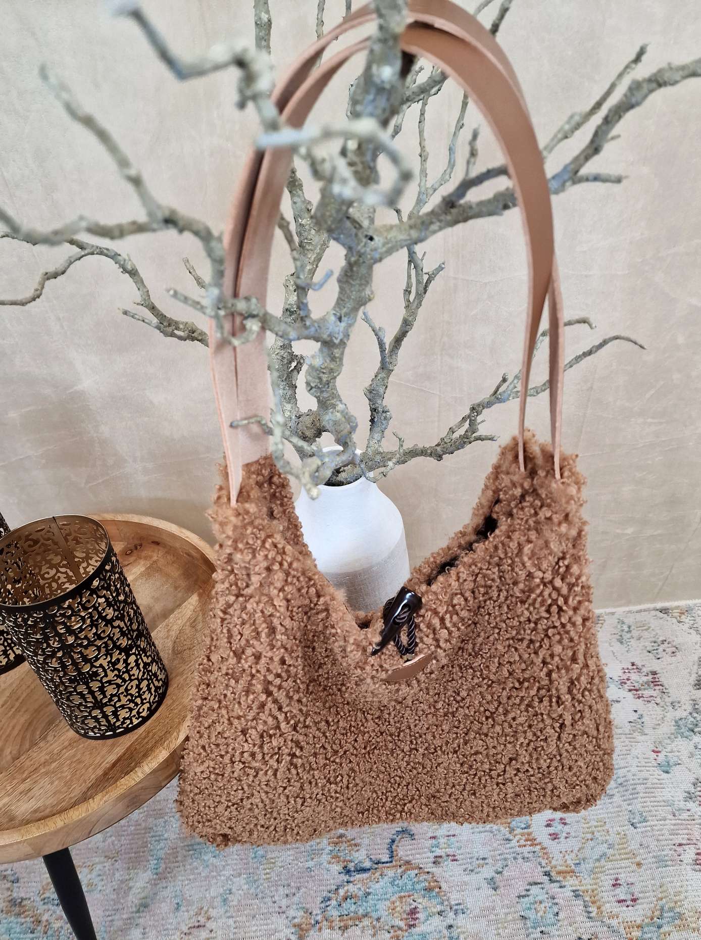 TEDDY FELL SHOPPER LIZZY CAMEL flauschige Shopping Bag mit Leder-Henkel Tasche Made in Italy TEDDY FELL SHOPPER LIZZY CAMEL flauschige Shopping Bag mit Leder-Henkel Tasche Made in Italy