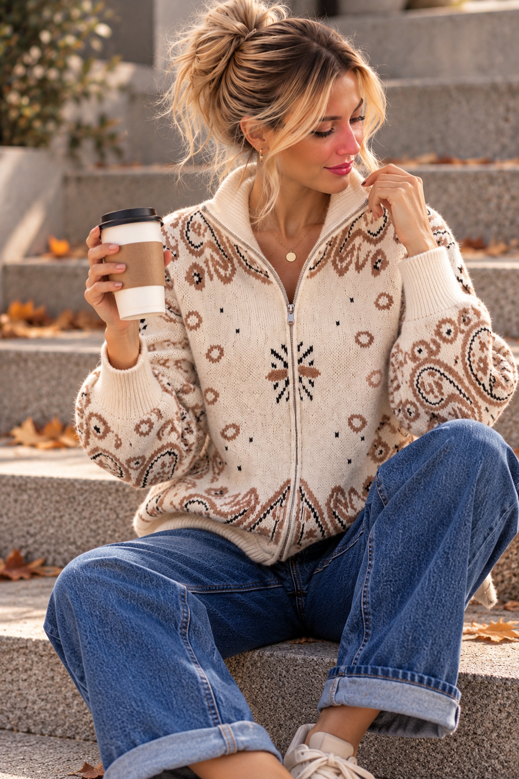 Zipper-Strickjacke mit Paisley-Muster SJ0165 I Made in Italy 34-40/42