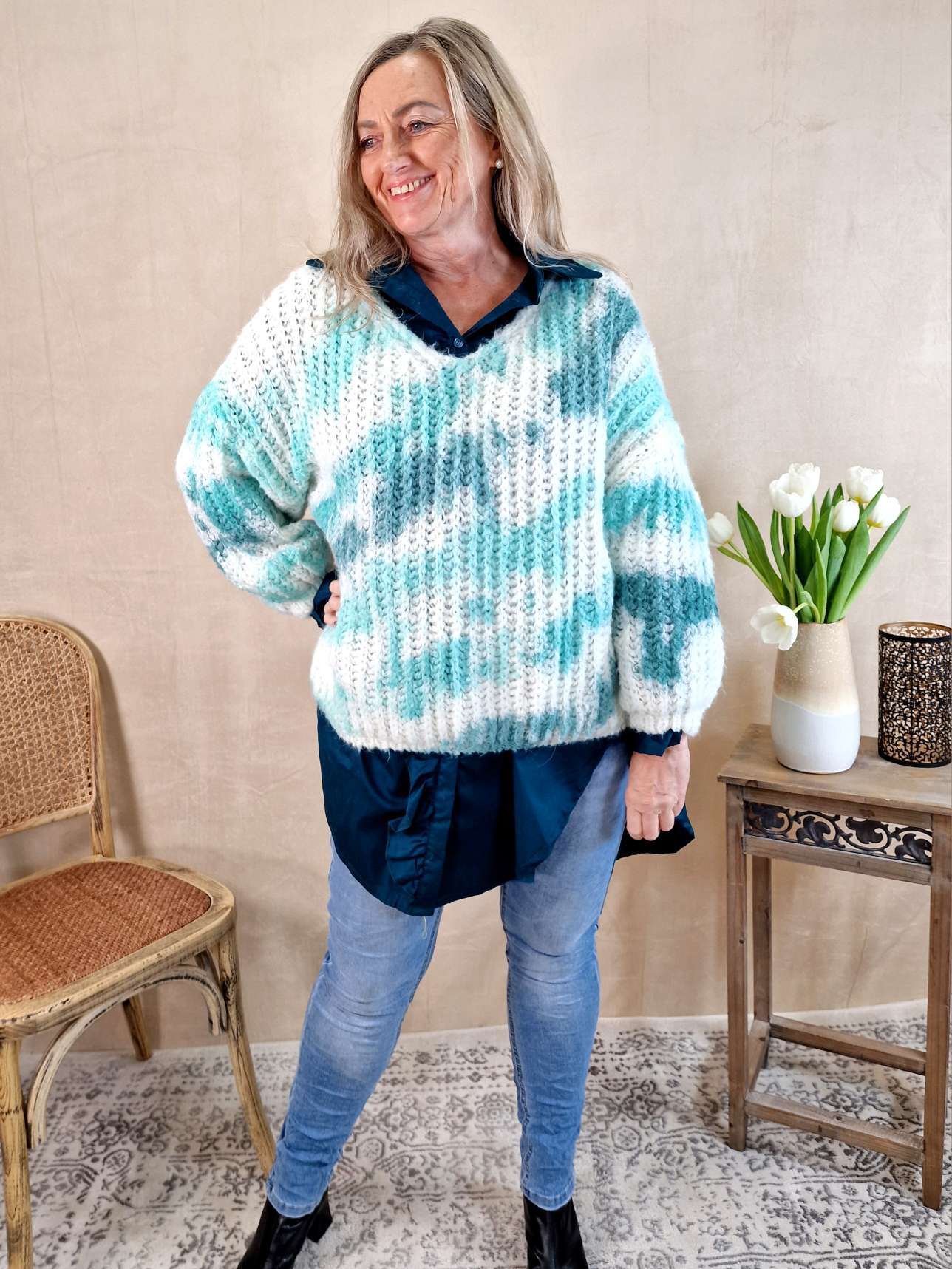 KNIT SWEATER SVENJA BATIK TÜRKIS Strickpullover Pullover 34-42 Oversize Made in Italy versch. Farben KNIT SWEATER SVENJA BATIK TÜRKIS Strickpullover Pullover 34-42 Oversize Made in Italy versch. Farben