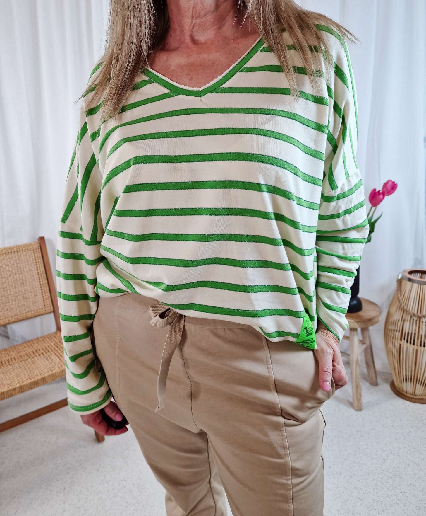 PULLOVER GINA STRIPES GRÜN 34-42 Made in Italy Sweatshirt Longsleeve