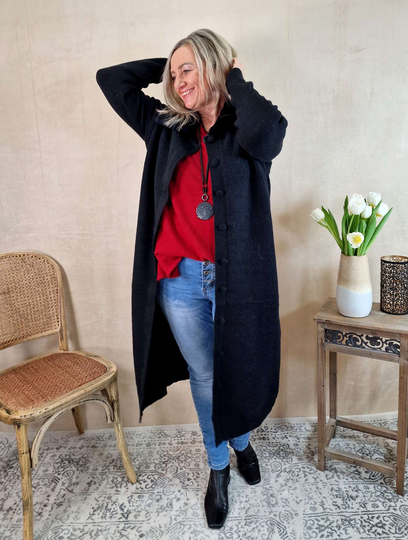 LUXURY KNIT COAT MIRINA SCHWARZ 34-42 Strickmantel Mantel Cardigen Italy Kollektion LUXURY KNIT COAT MIRINA SCHWARZ 34-42 Strickmantel Mantel Cardigen Italy Kollektion