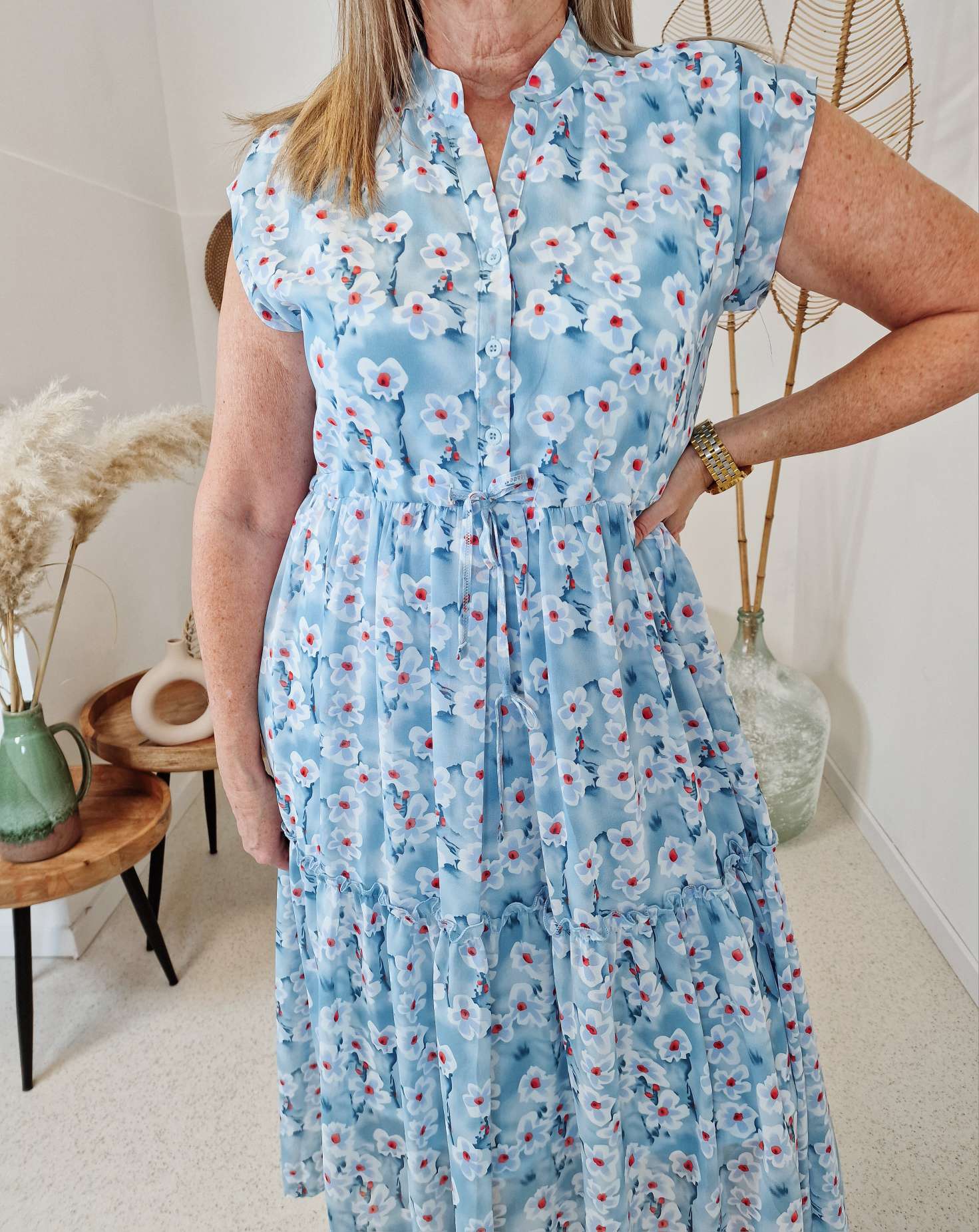 MAXI DRESS LEA FLOWERS HELLBLAU 34-40 Italy Style Blusenkleid 