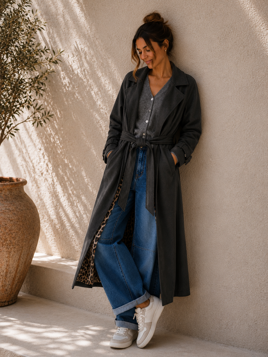 Tansania – Trenchcoat Mantel in Velourleder-Optik mit Leo-Futter | Made in Italy