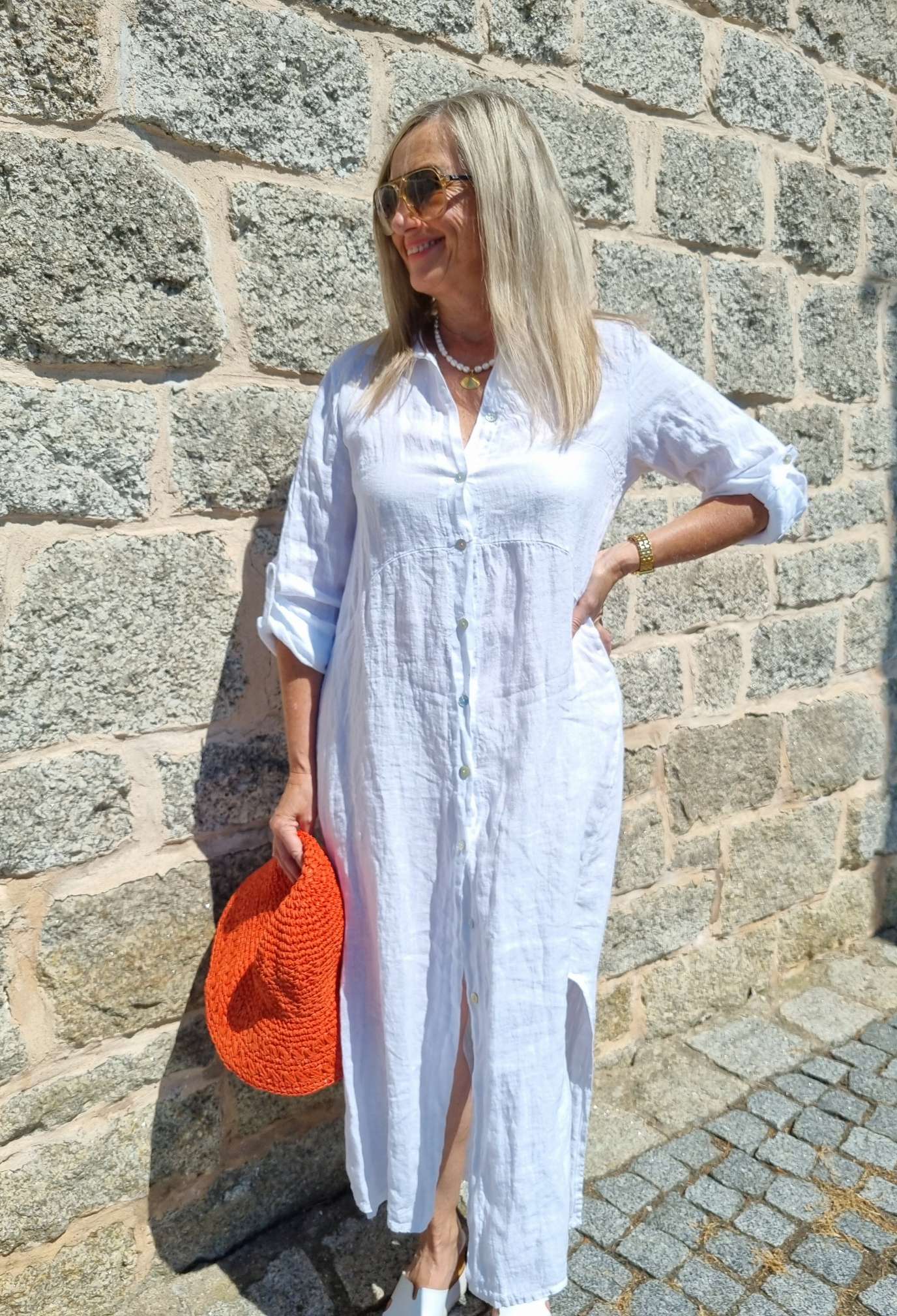 LINEN DESS WANDA 2 WEISS 34-40 Made in Italy Leinen Kleid Long Bluse Mantel LINEN DESS WANDA 2 WEISS 34-40 Made in Italy Leinen Kleid Long Bluse Mantel