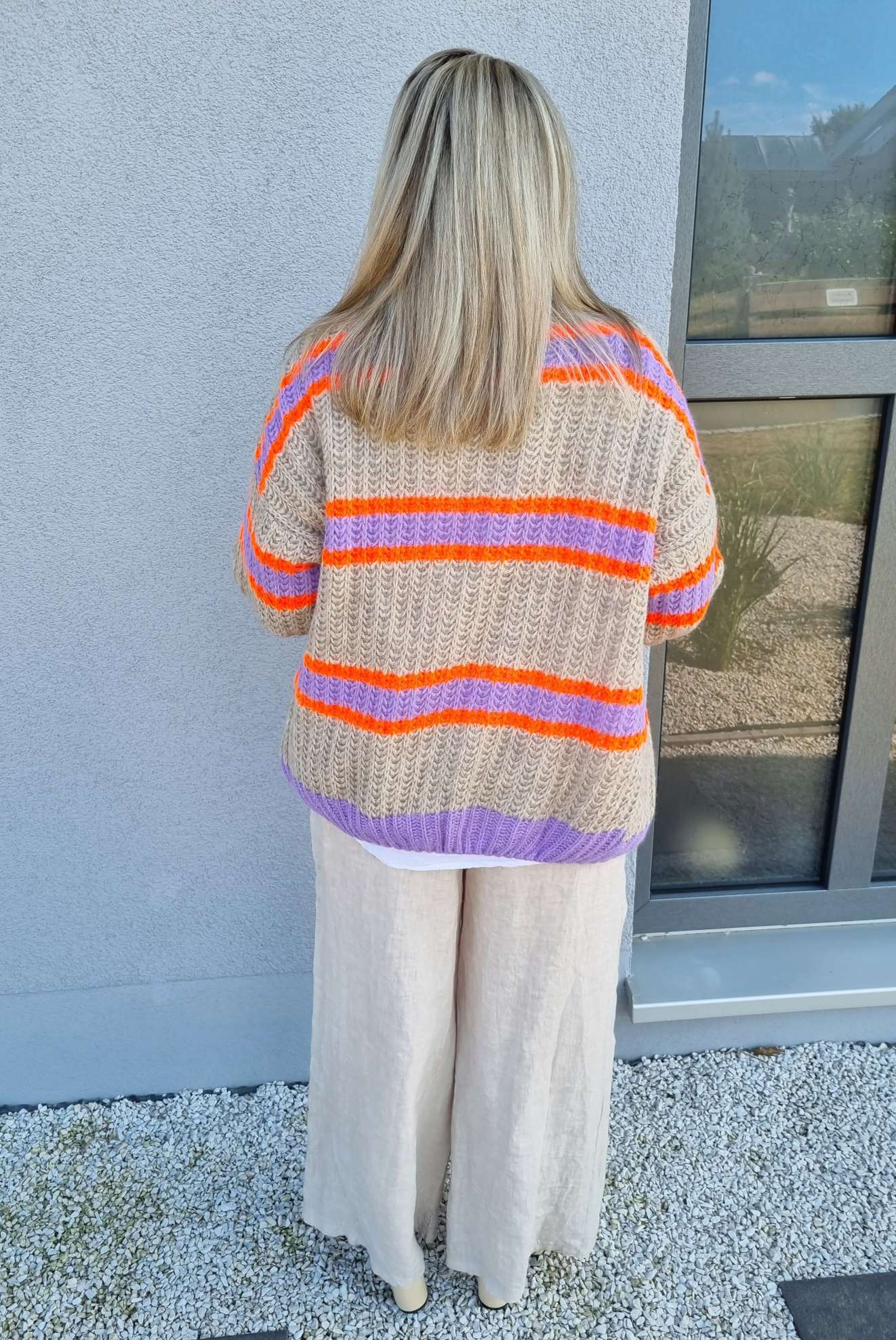 SHORT KNIT CARDIGAN MYKONOS STRIPES BEIGE FLIEDER ORANGE kurze Strick Jacke Made in Italy Streifen 34-42 SHORT KNIT CARDIGAN MYKONOS STRIPES BEIGE FLIEDER ORANGE kurze Strick Jacke Made in Italy Streifen 34-42