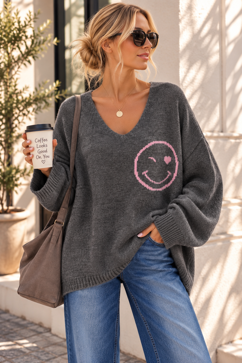 Strickpullover mit Smile & Rückenprint Oversize I NO. SP0019 I Made in Italy 34-44/46