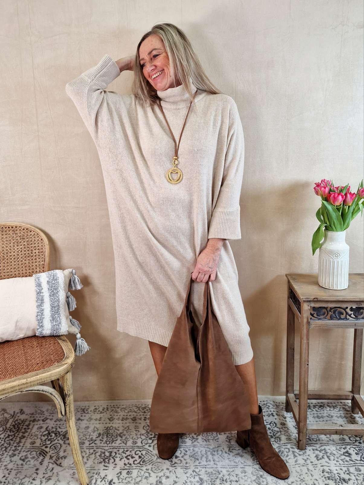 CASHMERE DRESS STELLA BEIGE 34-44 Made in Italy Strick Kleid Long Pullover CASHMERE DRESS STELLA BEIGE 34-44 Made in Italy Strick Kleid Long Pullover