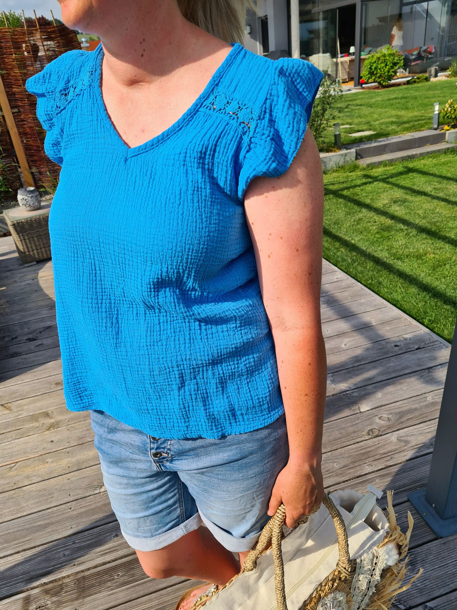BASIC MUSSELIN TOP LEVI BLAU 34-40 Made in Italy Basic Kurzarm Shirt Tanktop Oversize Spitze BASIC MUSSELIN TOP LEVI BLAU 34-40 Made in Italy Basic Kurzarm Shirt Tanktop Oversize Spitze