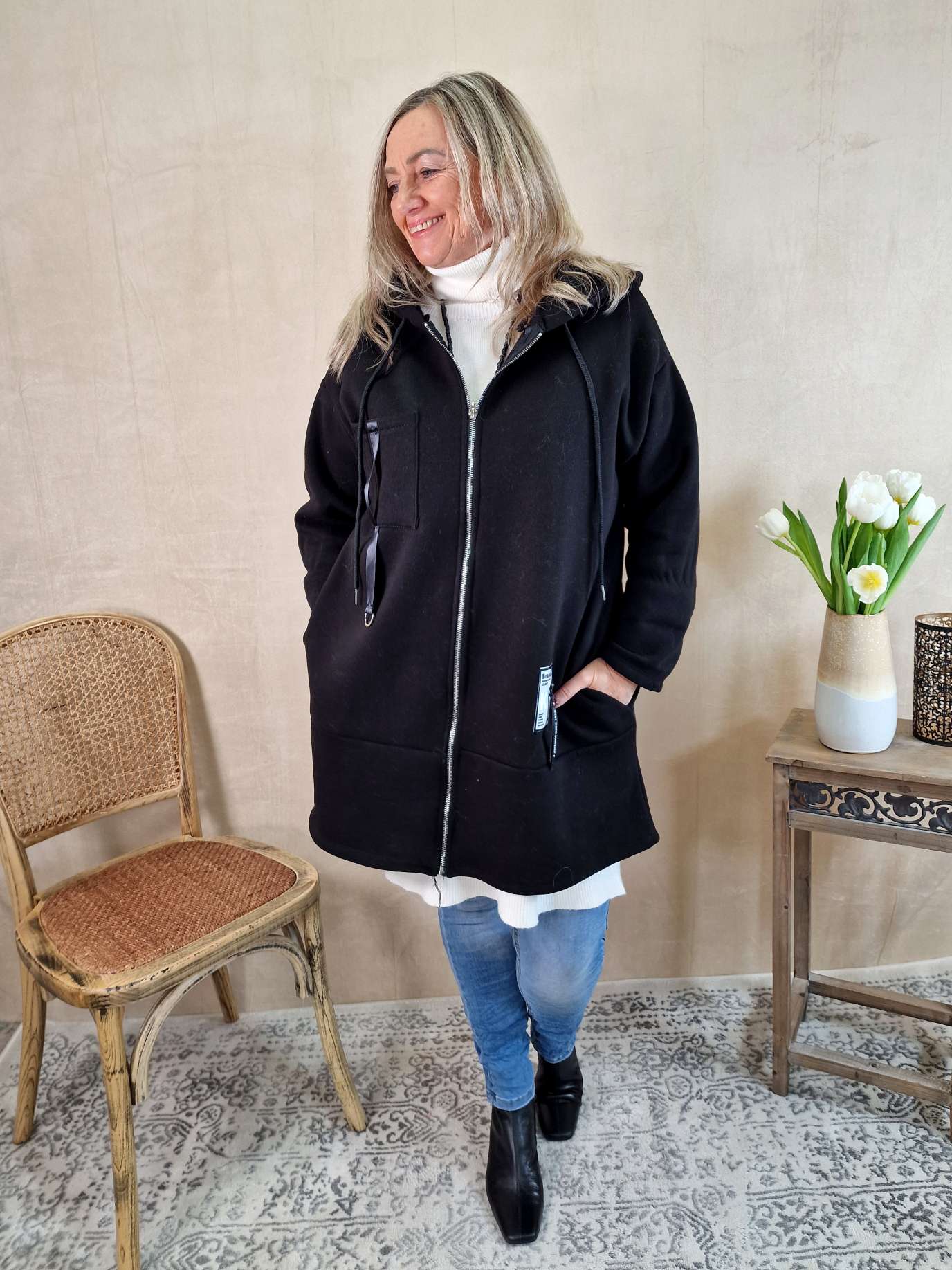 HOODIE SWEATER JACKE CARLO SCHWARZ 34-42 Made in Italy Oversize lange Sweatshirtjacke HOODIE SWEATER JACKE CARLO SCHWARZ 34-42 Made in Italy Oversize lange Sweatshirtjacke