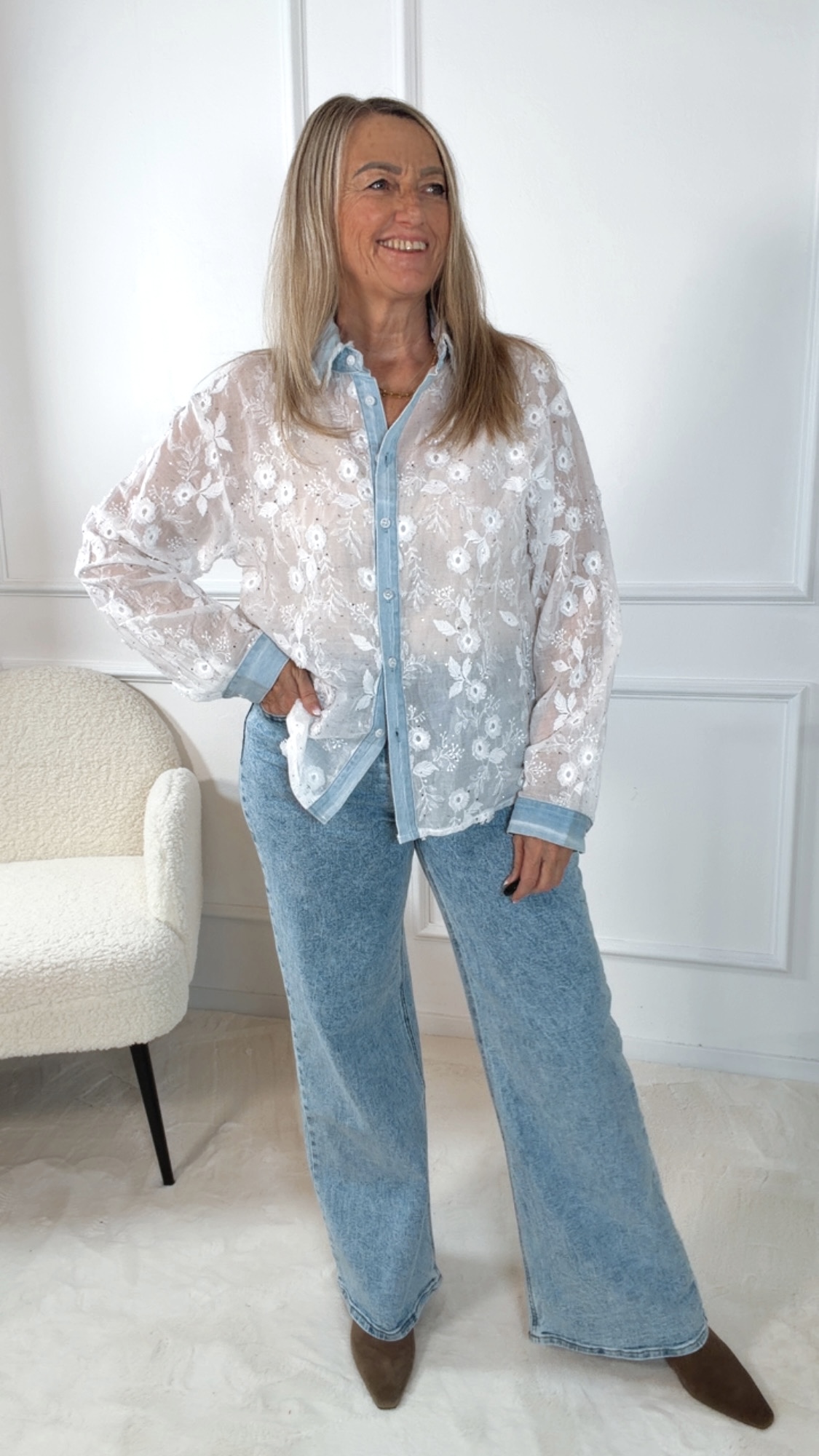 DENIM STYLE BLUSE ELARA BLUMEN  Italy Style 34-42 SW5019