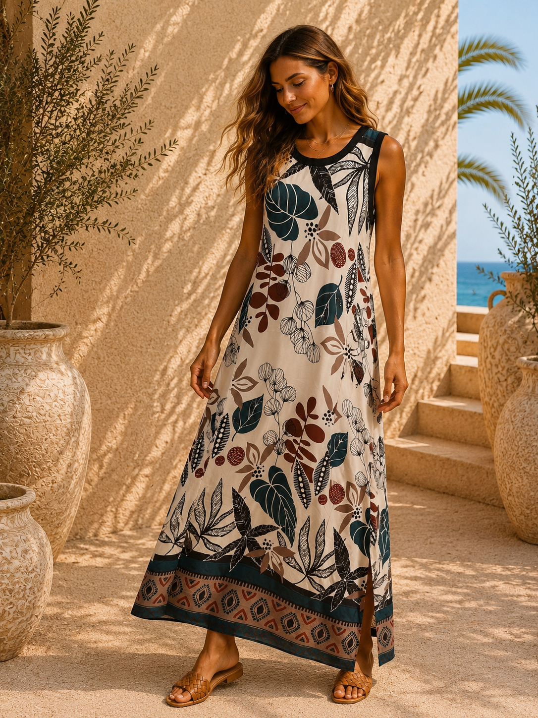 Satin-Kleid Kalila Blätterprint Made in Italy Viskose Qualtiät Gr. 34-40/42