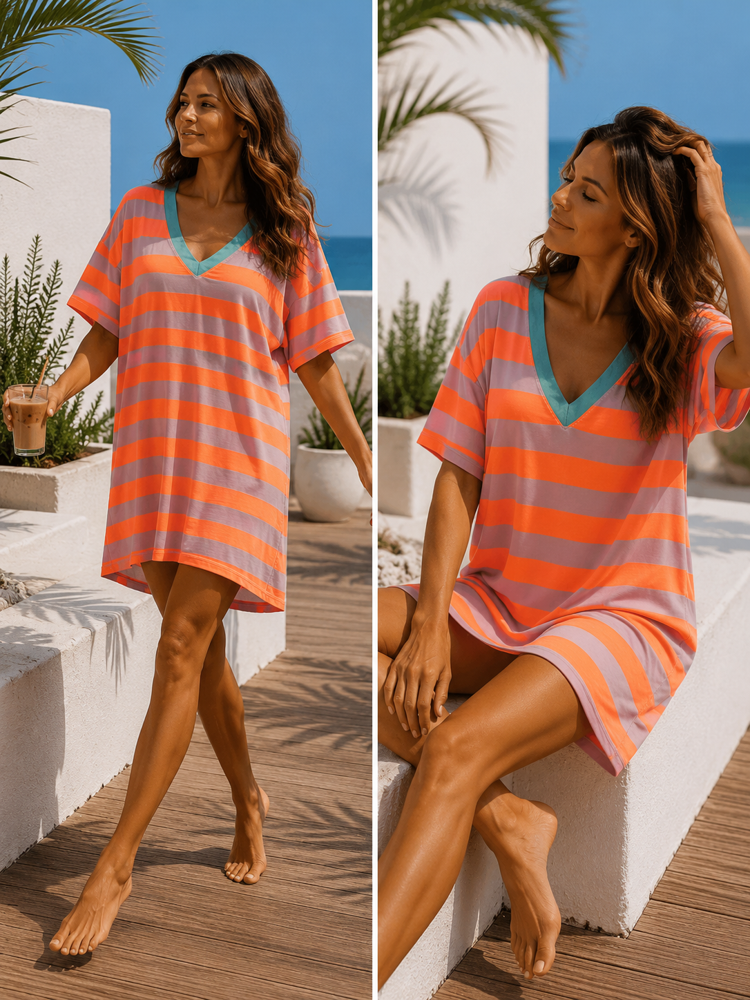 Beach-T-Shirt-Kleid „Pula“ – Streifen-Look 🌴 Made in Italy • Größe 34 bis 44