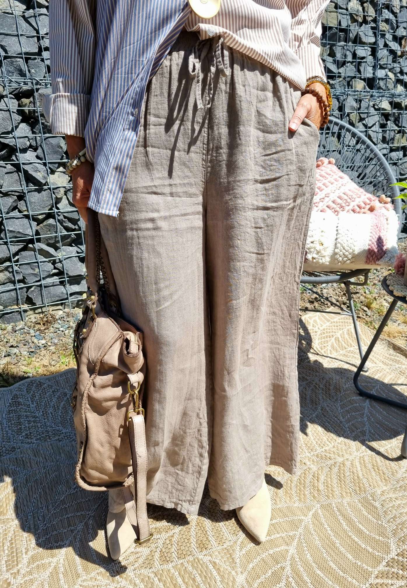 LINEN MARLENE PANT BRIGITTE TAUPE Pocket 34-42 Made in Italy weite Leinen Hose mit Taschen LINEN MARLENE PANT BRIGITTE TAUPE Pocket 34-42 Made in Italy weite Leinen Hose mit Taschen