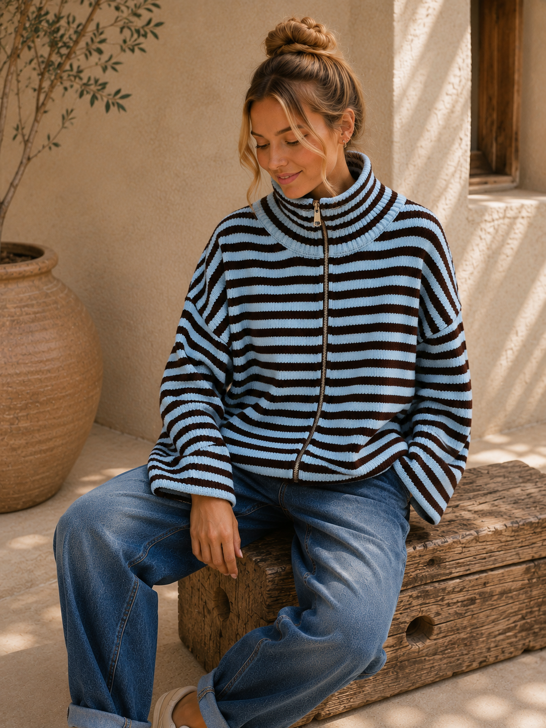 Strickjacke Celia – Streifenlook mit 2-Wege-Reißverschluss Made in Italy 34-40/42 Cardigan