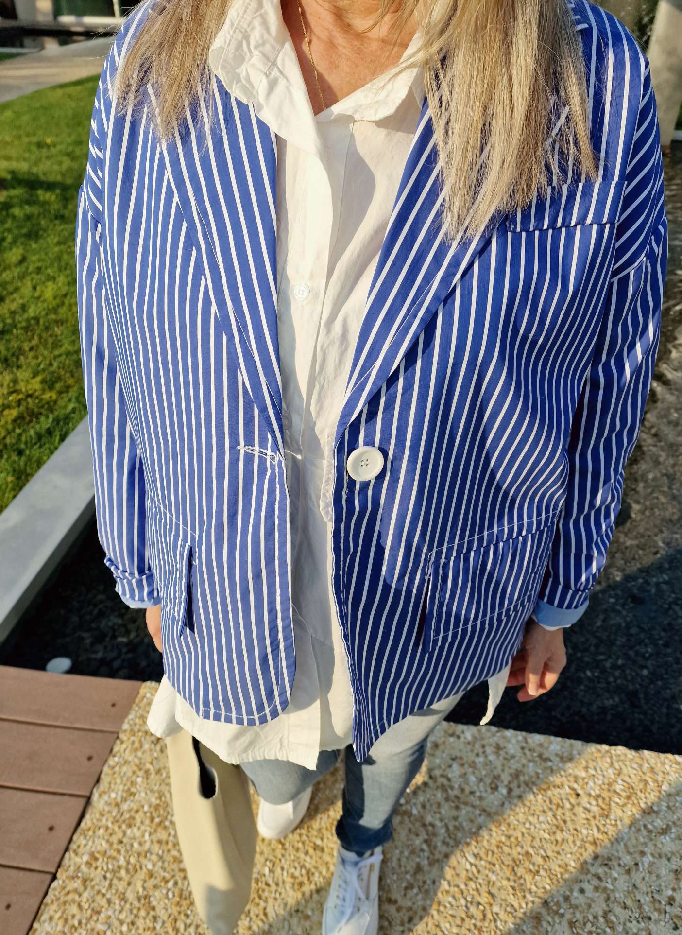 STRIPED BLAZER LORENZ DUNKELBLAU 34-42 Italy Design Oversize Anzug Jacke Streifen