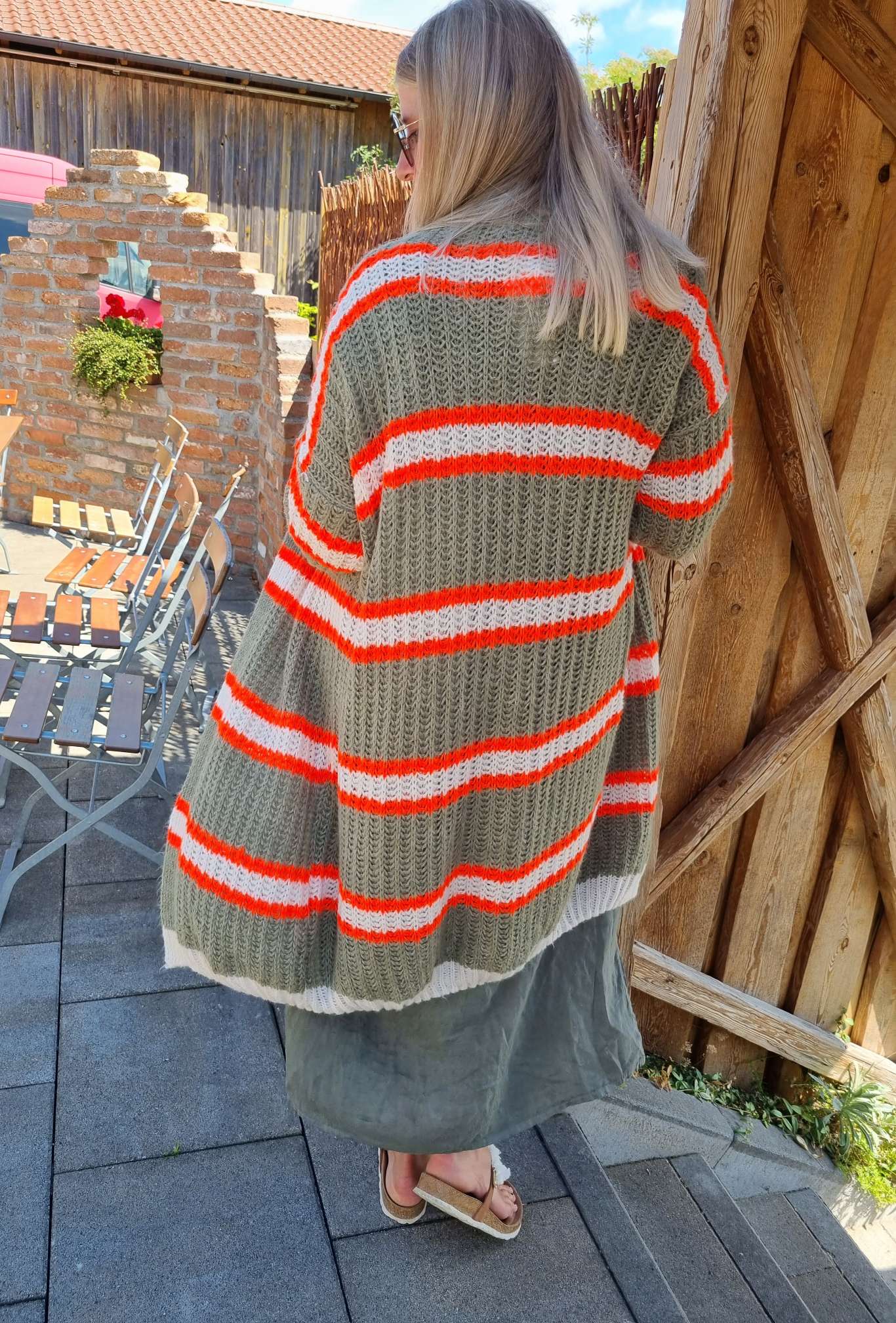 LONG KNIT CARDIGAN MYKONOS STRIPES KHAKI ORANGE CREME langer Strick Mantel Jacke Made in Italy Streifen 34-42 LONG KNIT CARDIGAN MYKONOS STRIPES KHAKI ORANGE CREME langer Strick Mantel Jacke Made in Italy Streifen 34-42